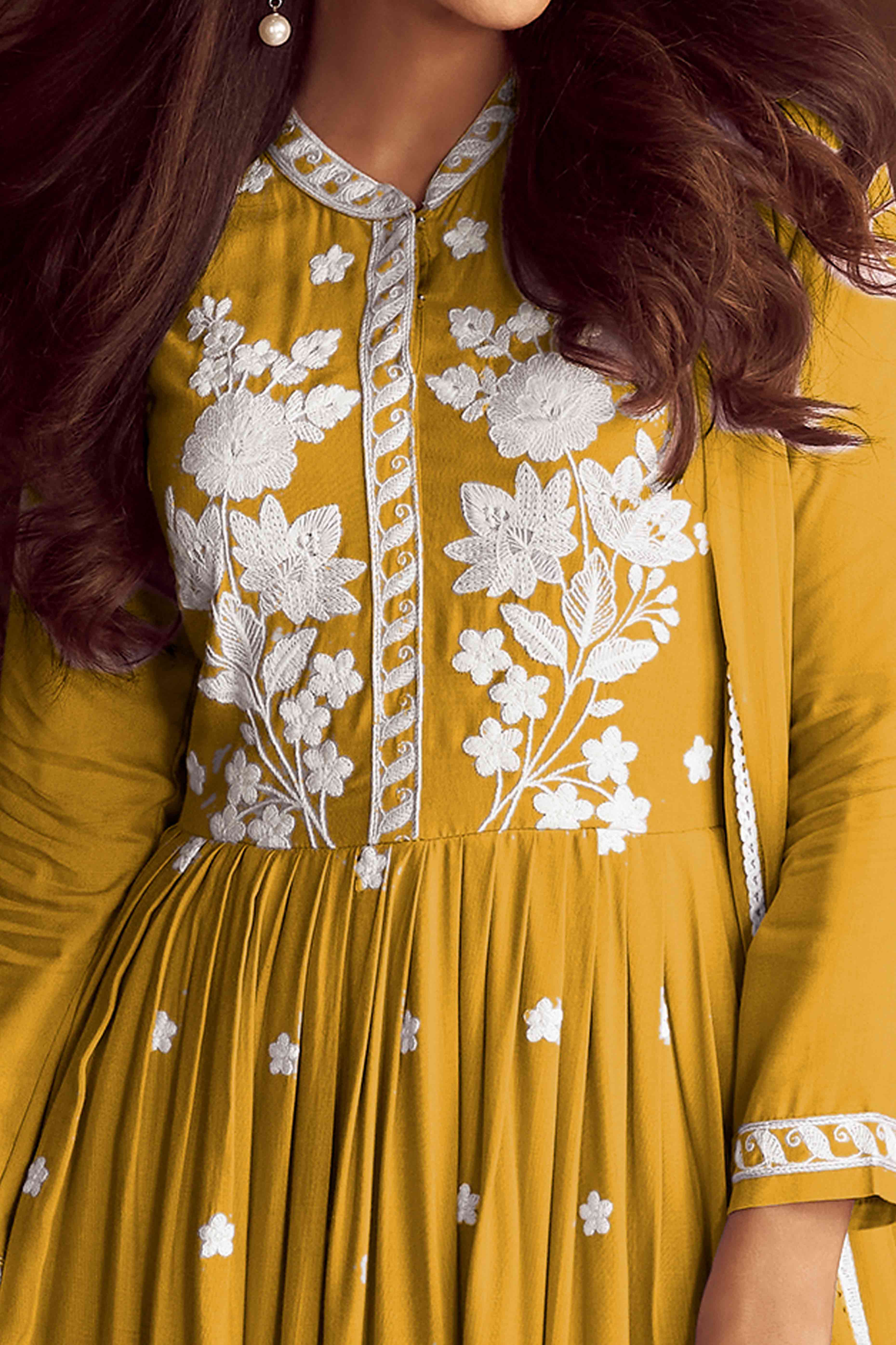 Mustard Lucknowi Embroidered Rayon Palazzo Suit