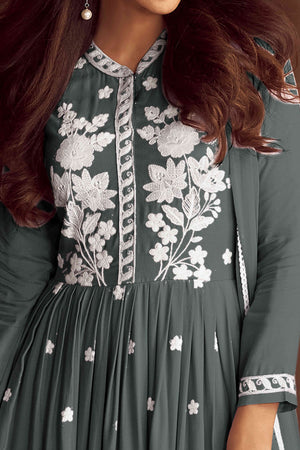 Grey Lucknowi Embroidered Rayon Palazzo Suit
