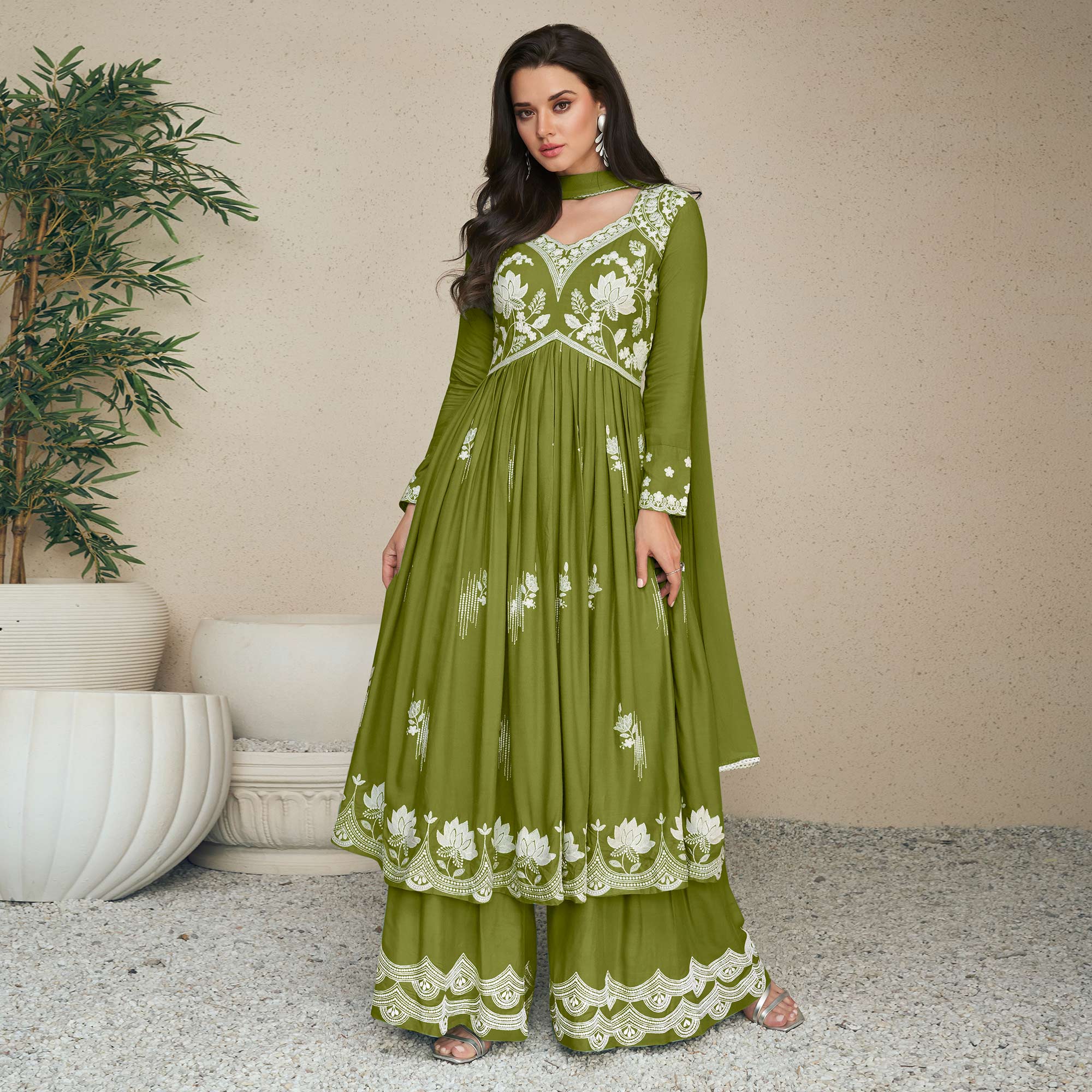 Green Lucknowi Embroidered Rayon Palazzo Suit