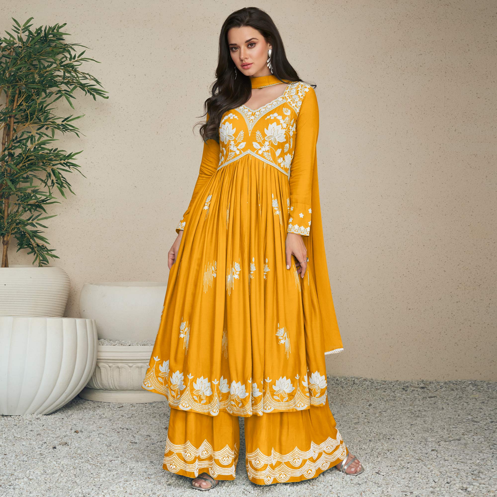 Mustard Lucknowi Embroidered Rayon Palazzo Suit