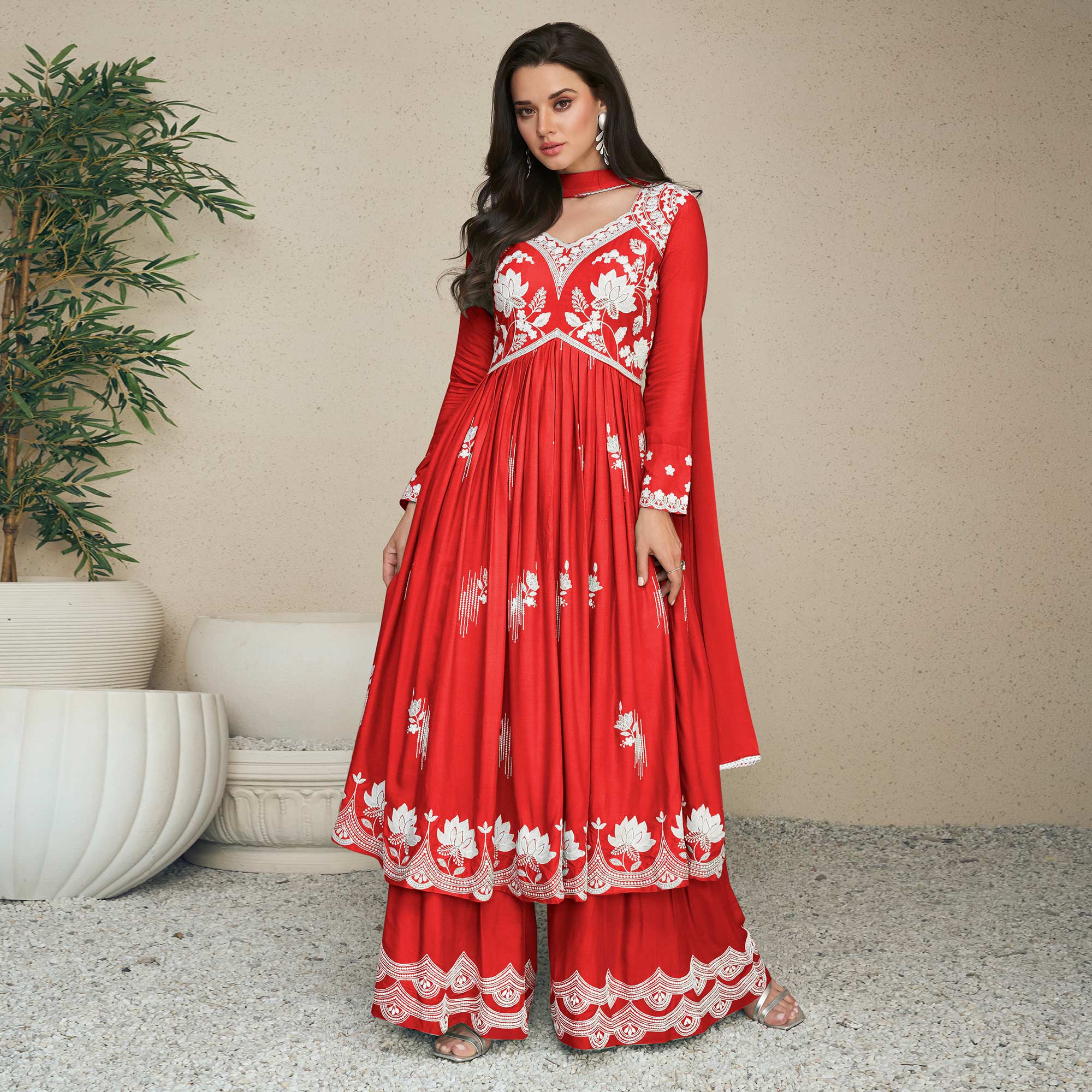 Red Lucknowi Embroidered Rayon Palazzo Suit