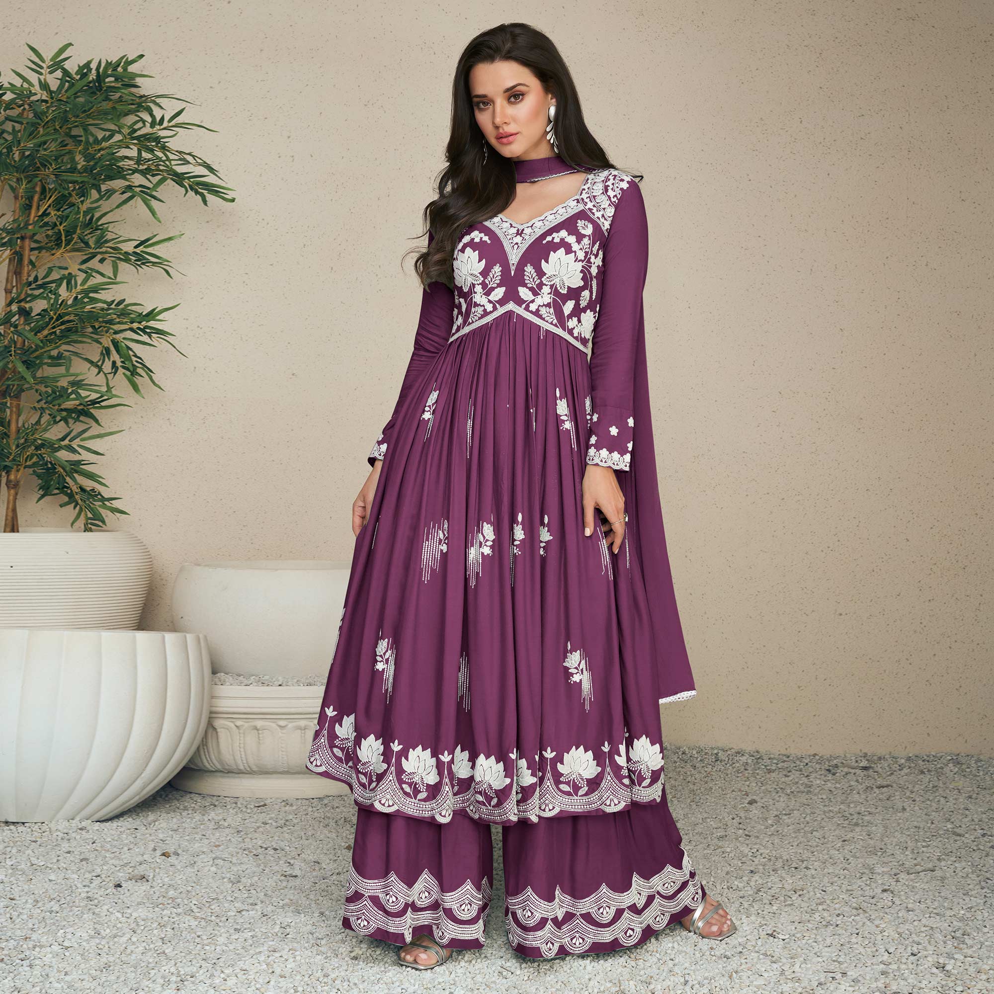 Wine Lucknowi Embroidered Rayon Palazzo Suit