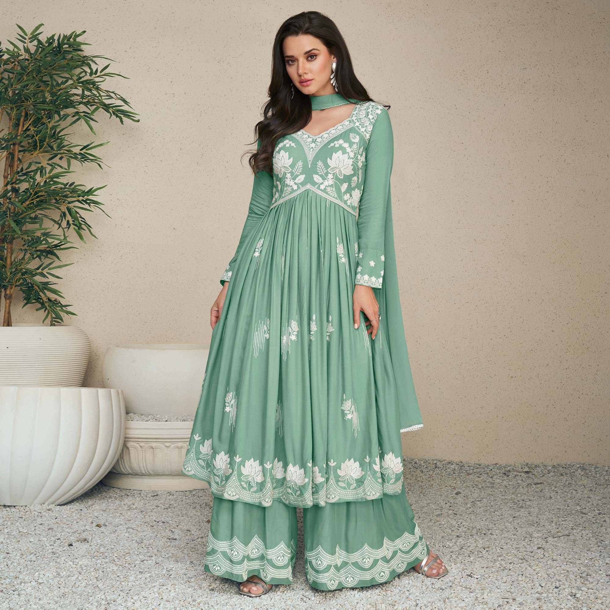 Green Lucknowi Embroidered Rayon Palazzo Suit