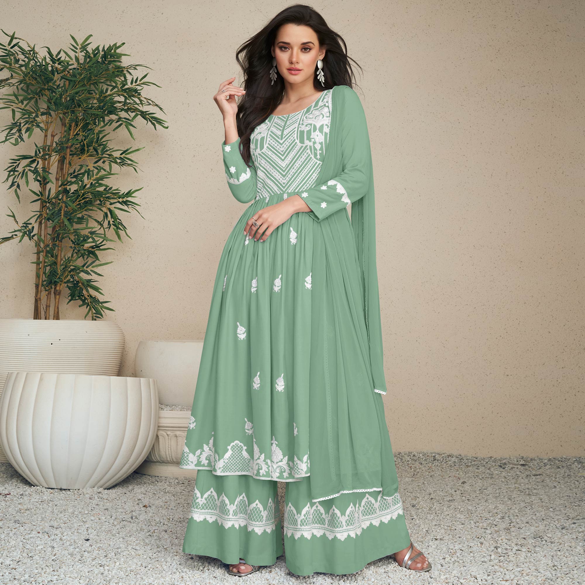 Green Lucknowi Embroidered Rayon Palazzo Suit