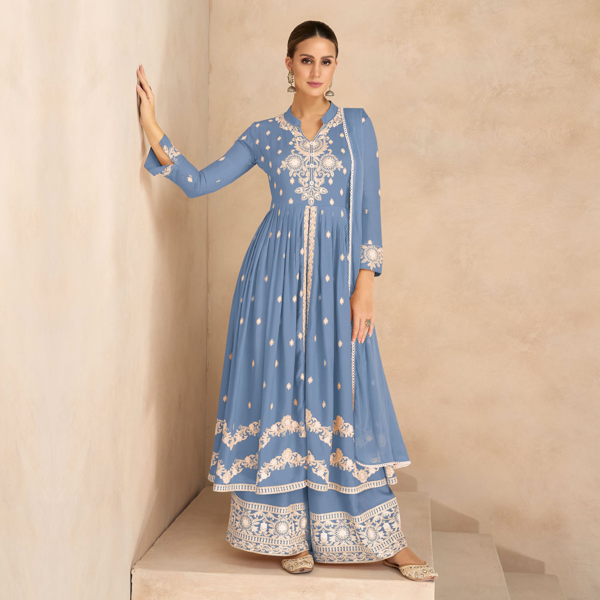 Blue Floral Embroidered Rayon Palazzo Suit