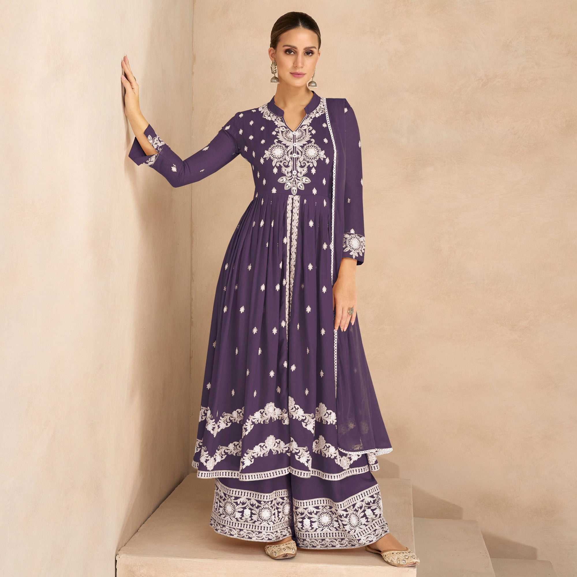 Purple Floral Embroidered Rayon Palazzo Suit