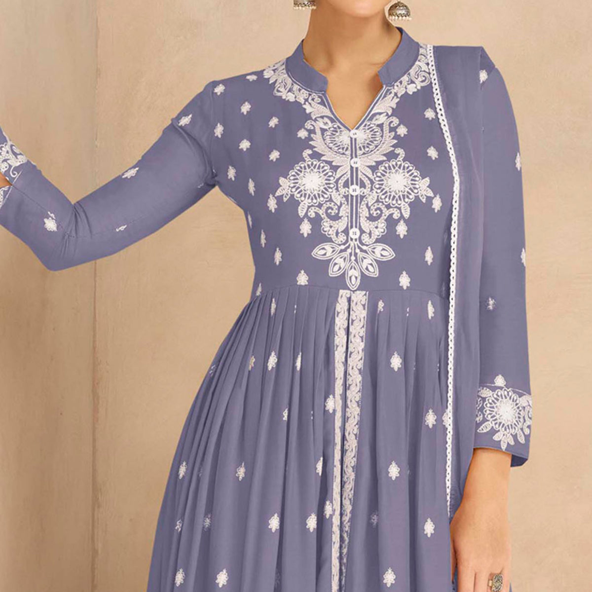 Greyish Blue Floral Embroidered Rayon Palazzo Suit