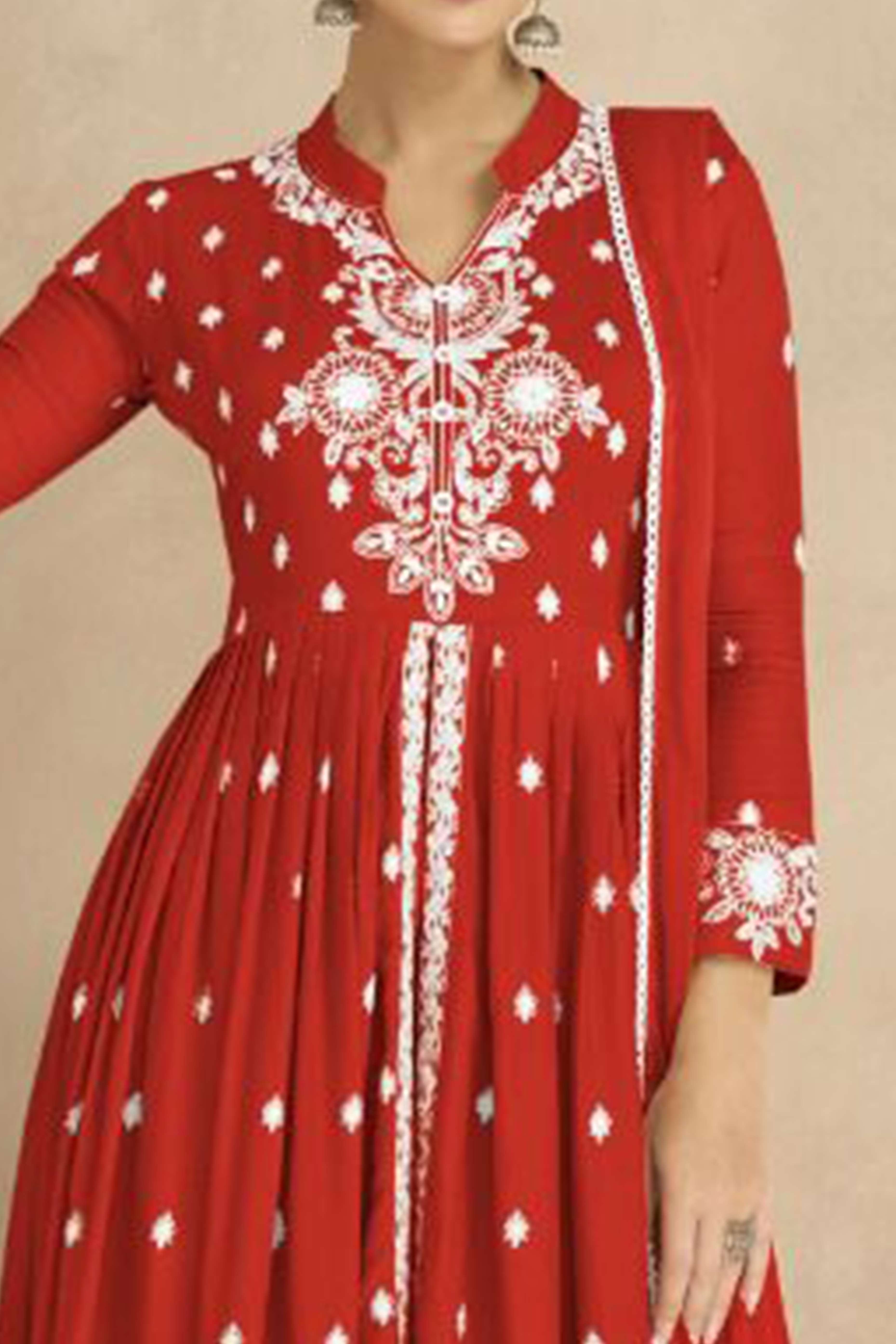 Red Floral Embroidered Rayon Palazzo Suit