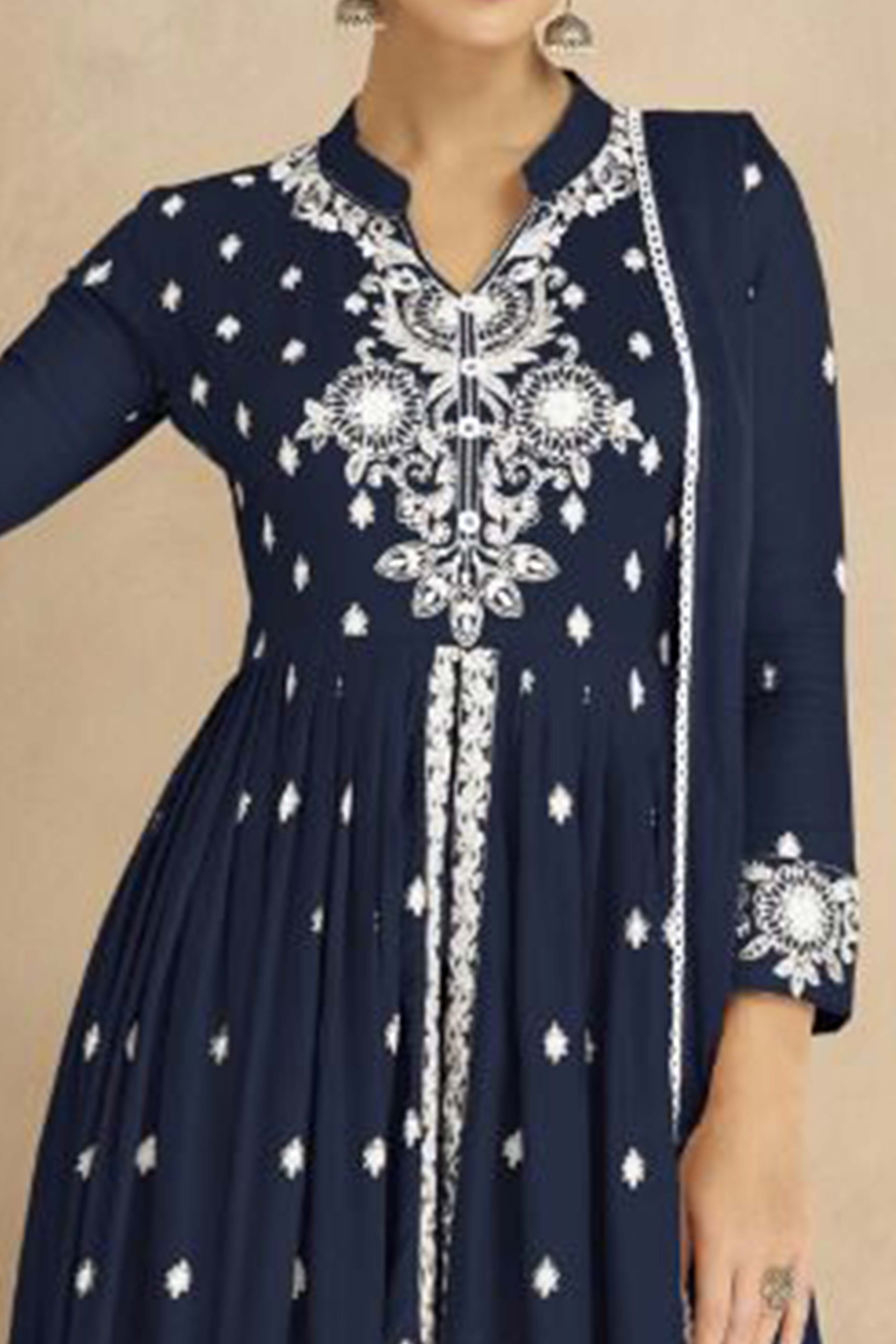 Navy Blue Floral Embroidered Rayon Palazzo Suit