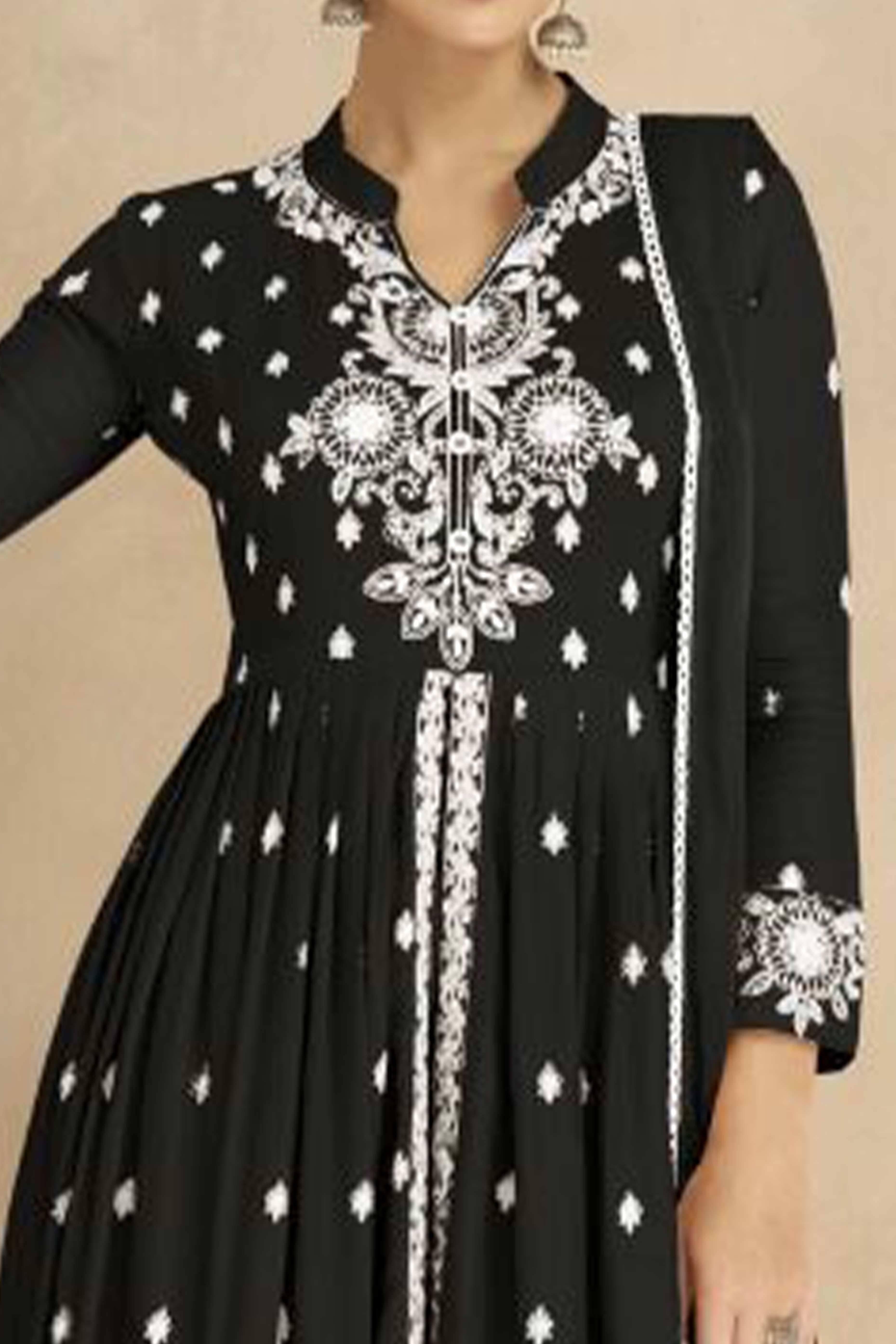 Black Floral Embroidered Rayon Palazzo Suit