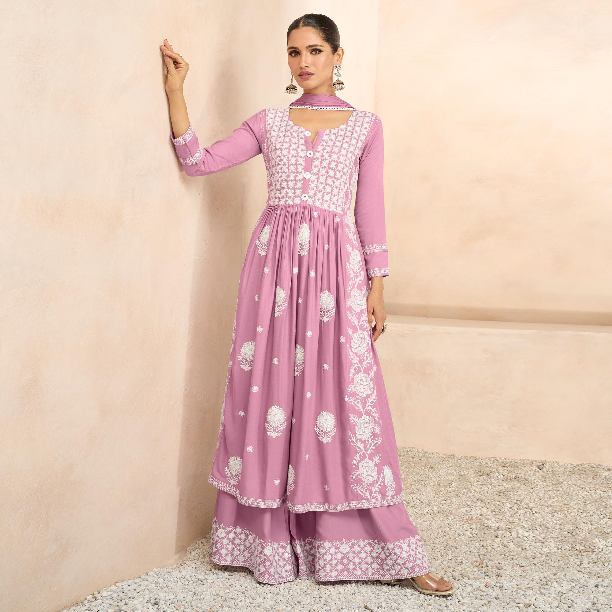 Pink Floral Embroidered Rayon Palazzo Suit