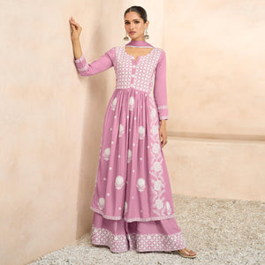 Pink Floral Embroidered Rayon Palazzo Suit