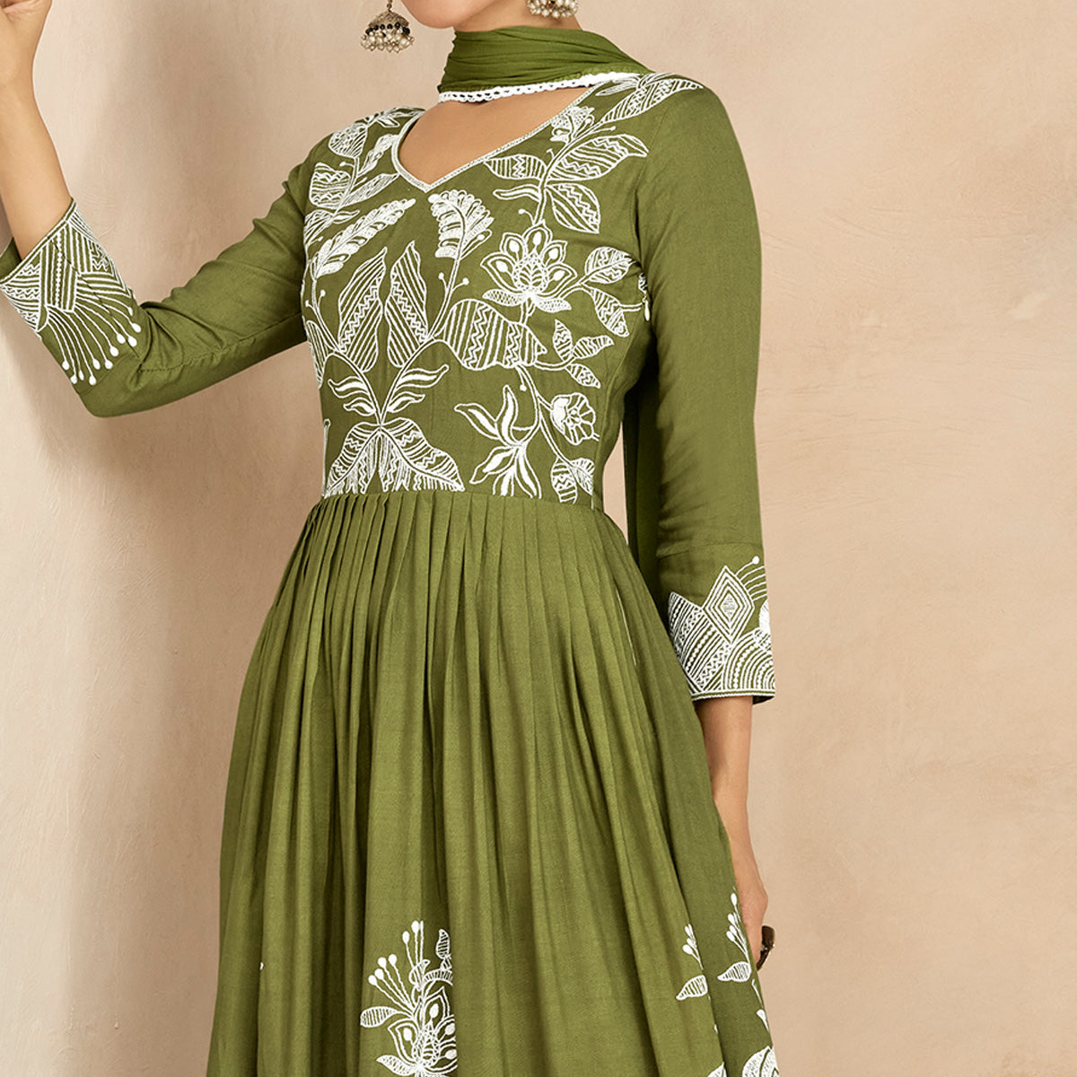 Mehendi Green Floral Embroidered Rayon Palazzo Suit