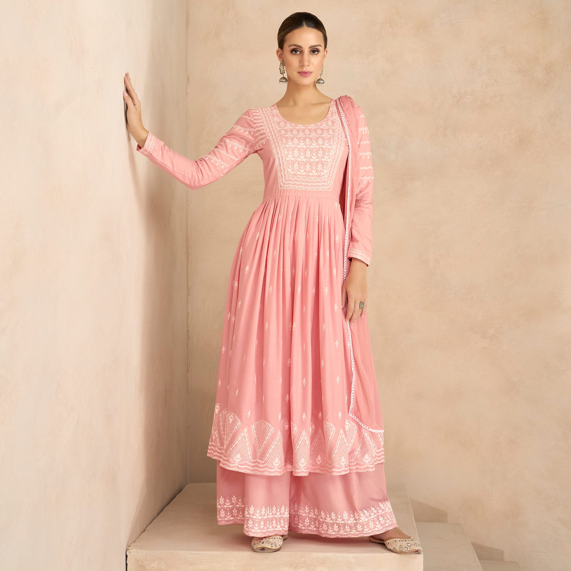 Pink Floral Embroidered Rayon Palazzo Suit