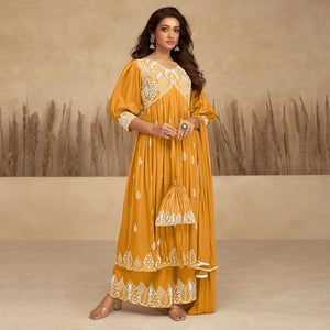 Mustard Floral Embroidered Rayon Suit