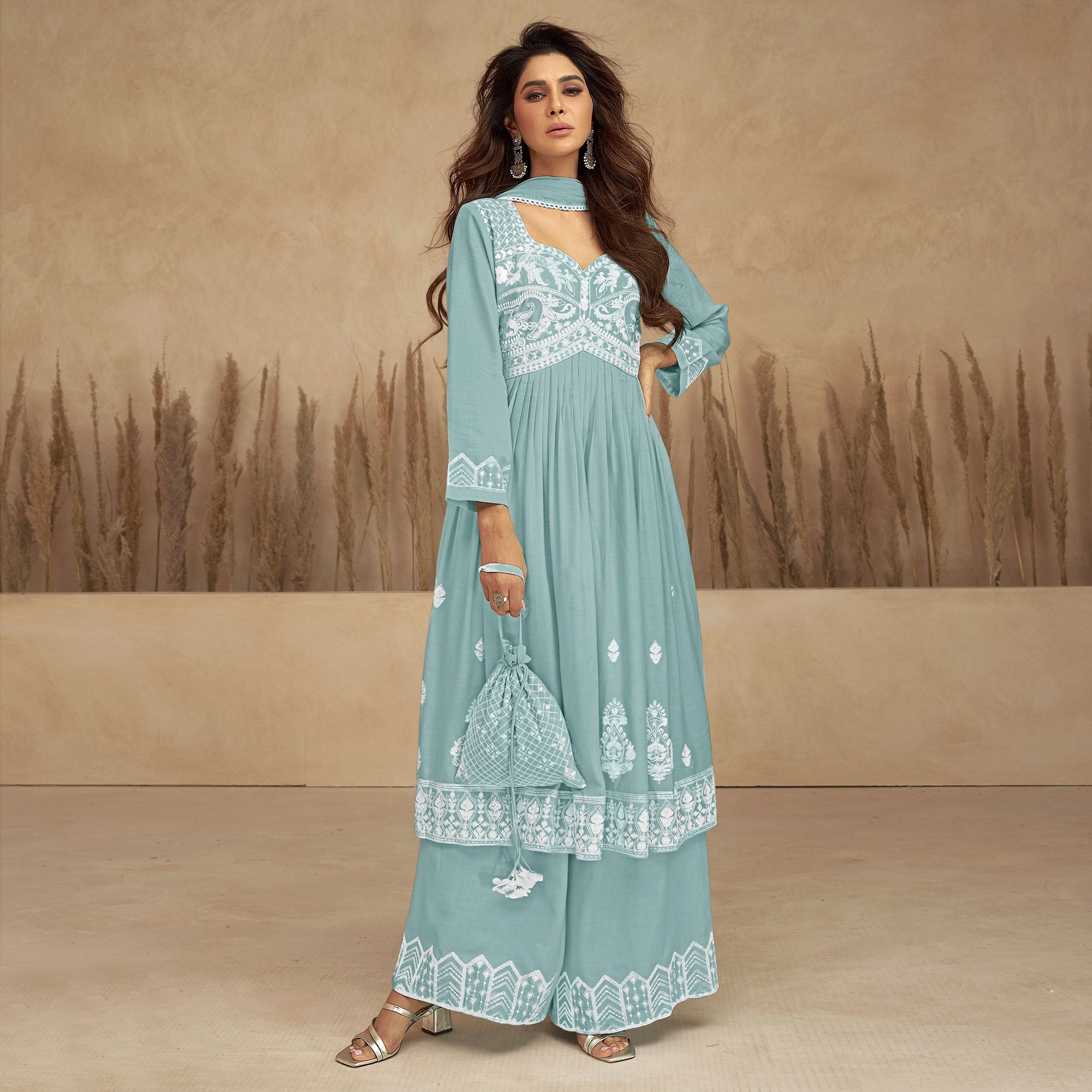 Blue Floral Embroidered Rayon Suit
