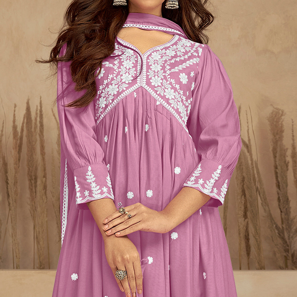 Pink Floral Embroidered Rayon Suit