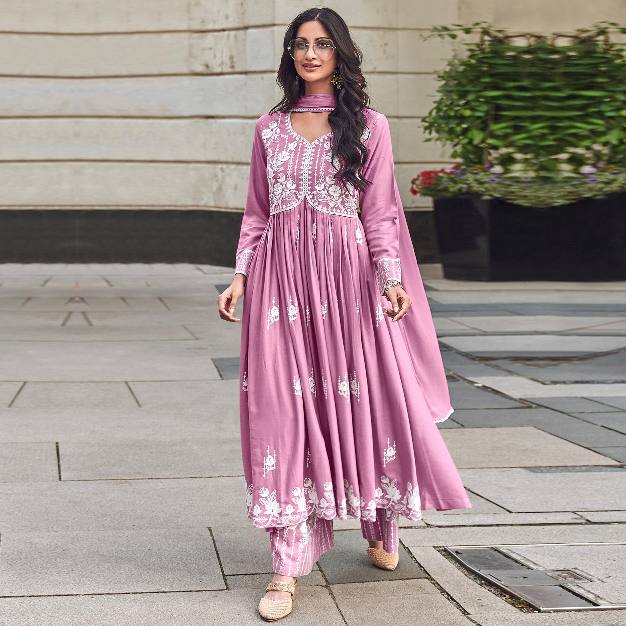 Pink Lucknowi Embroidered Rayon Palazzo Suit