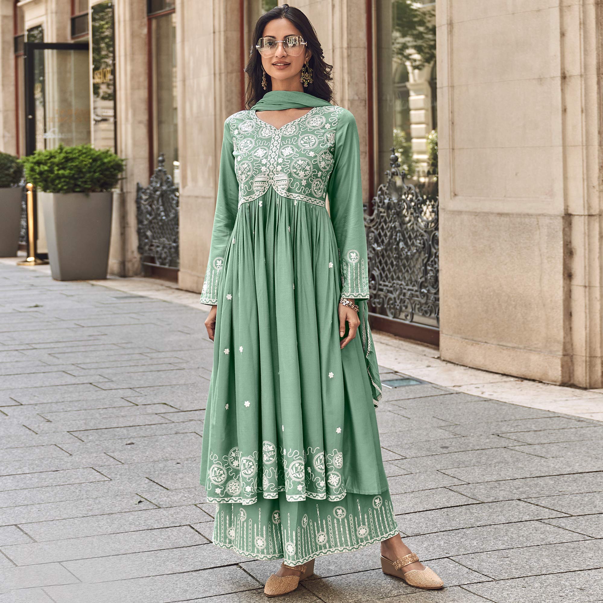 Dusty Green Lucknowi Embroidered Rayon Palazzo Suit