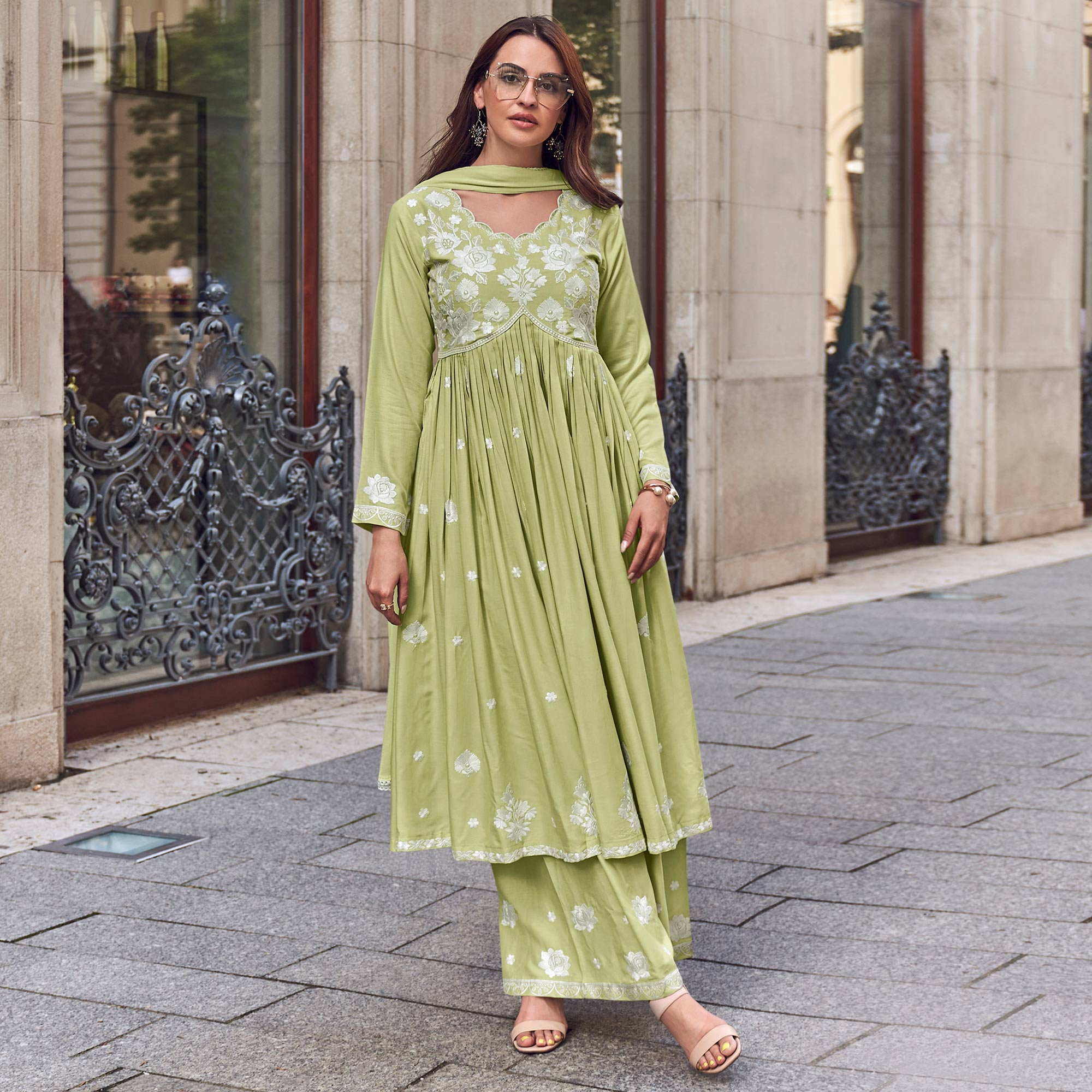 Light Green Lucknowi Embroidered Rayon Palazzo Suit