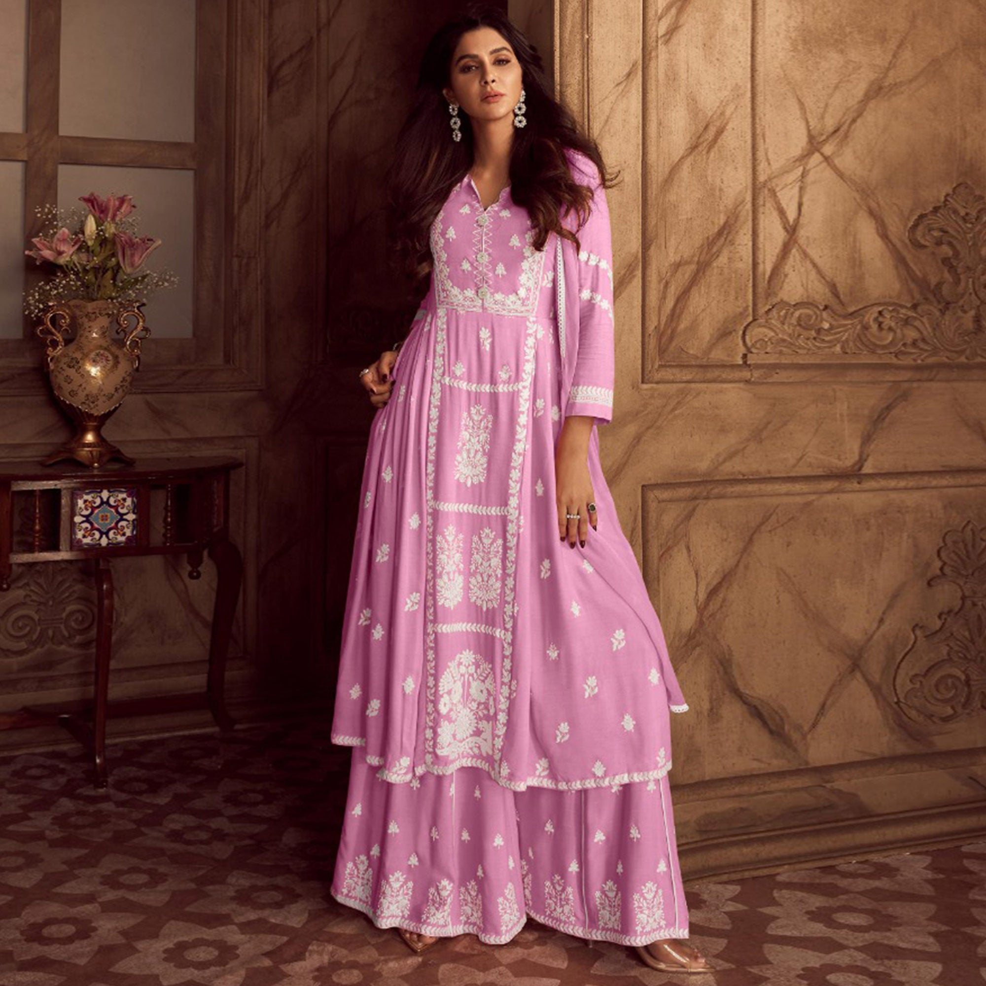 Pink Lucknowi Embroidered Rayon Palazzo Suit