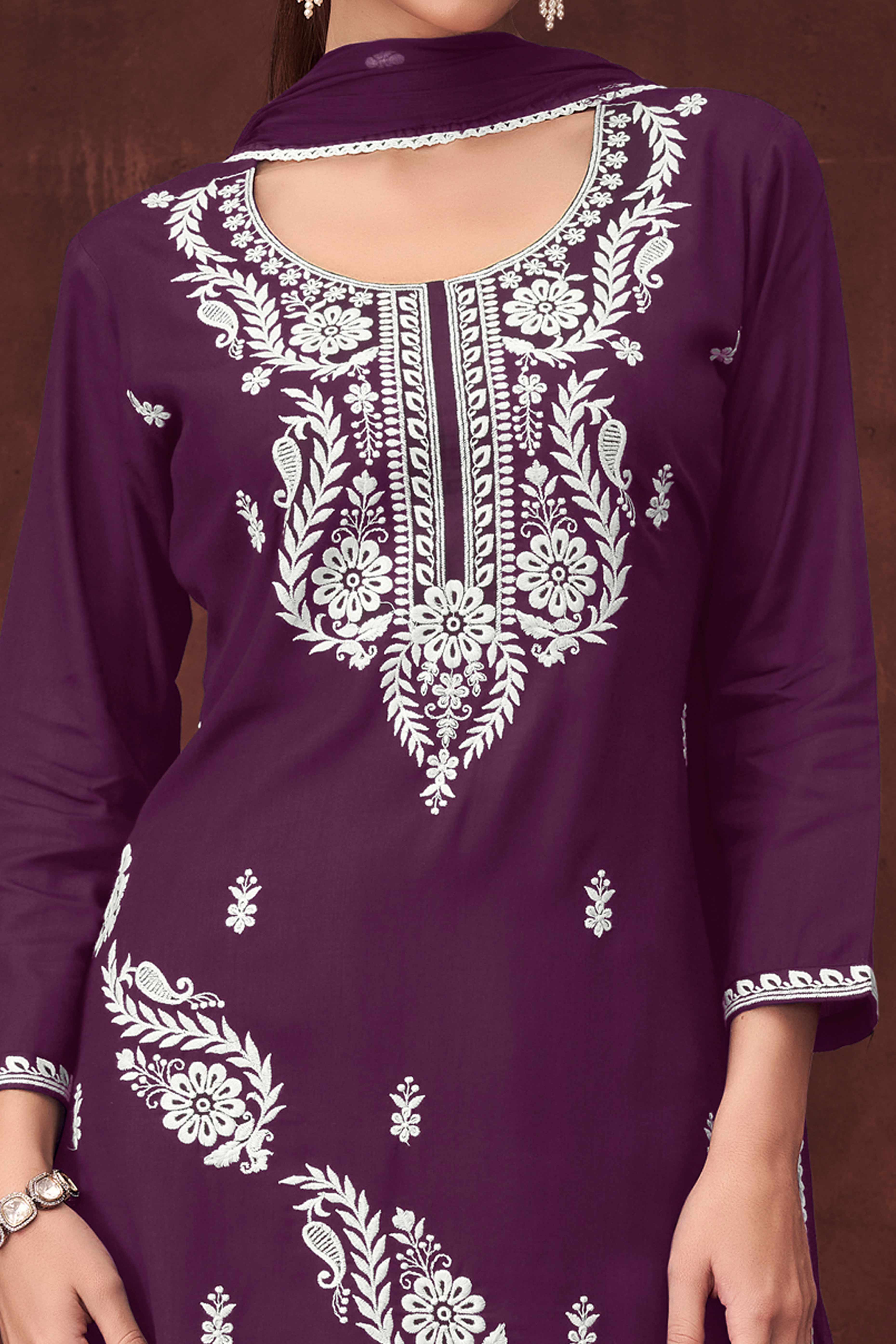 Elegant Deep Purple Straight Suit in Rayon with Embroidered Florals