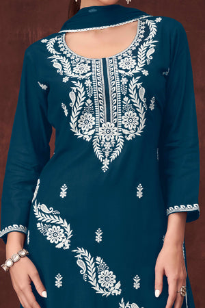 Elegant Teal Straight Suit in Rayon with Embroidered Florals