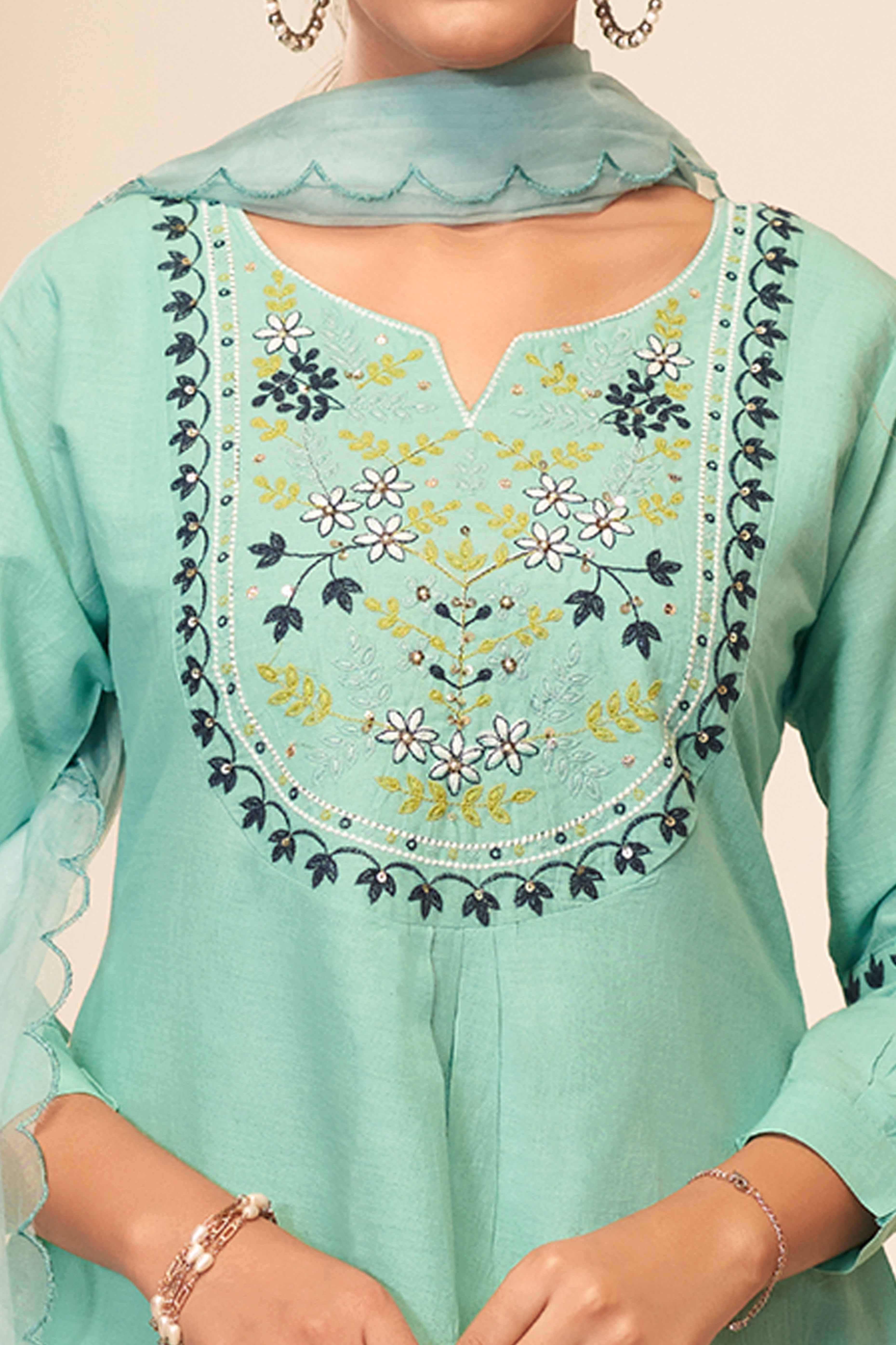 Mint Green Cambric Cotton Suit with Delicate Floral Embroidery