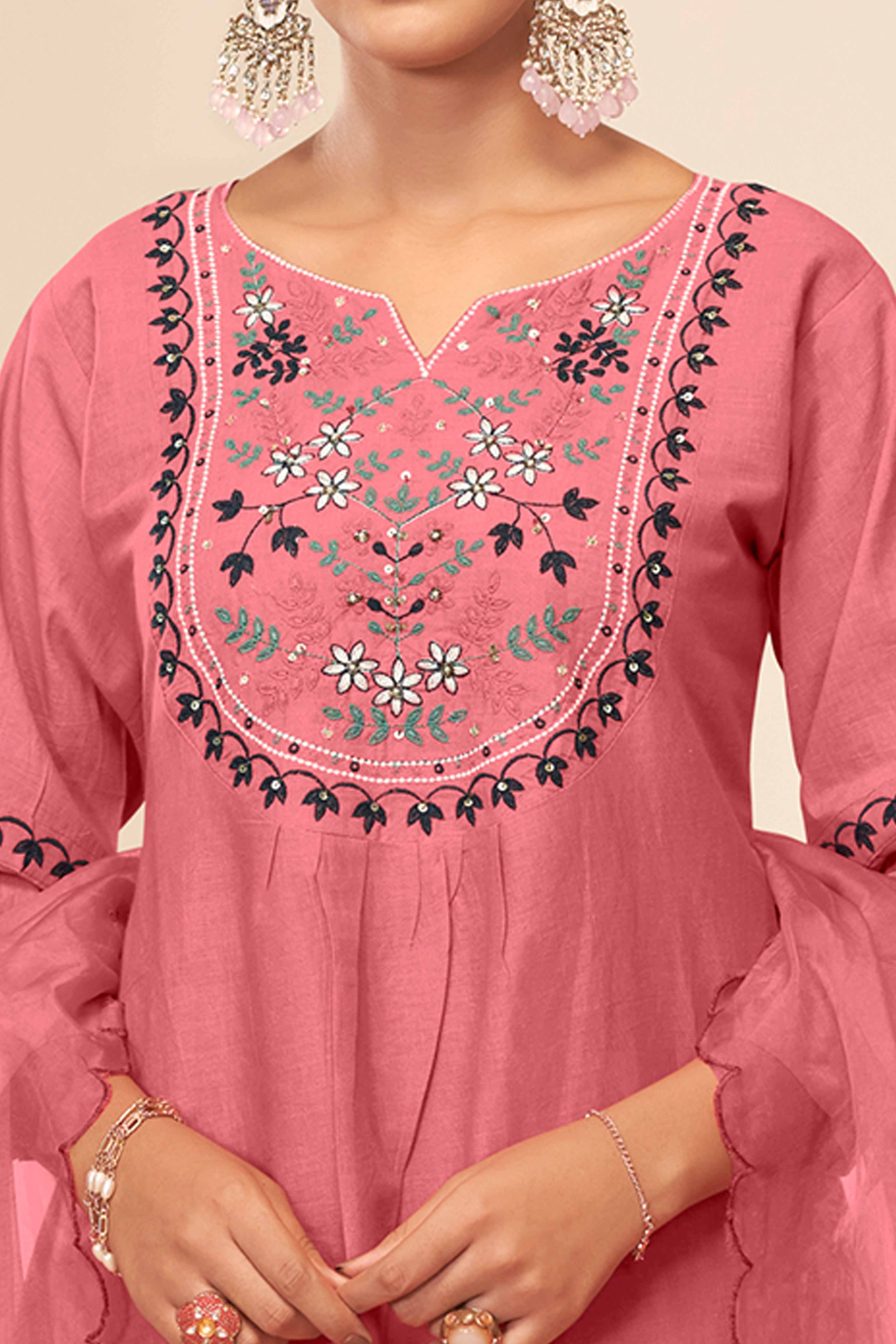 Dusty Rose Pink Cambric Cotton Suit with Delicate Floral Embroidery