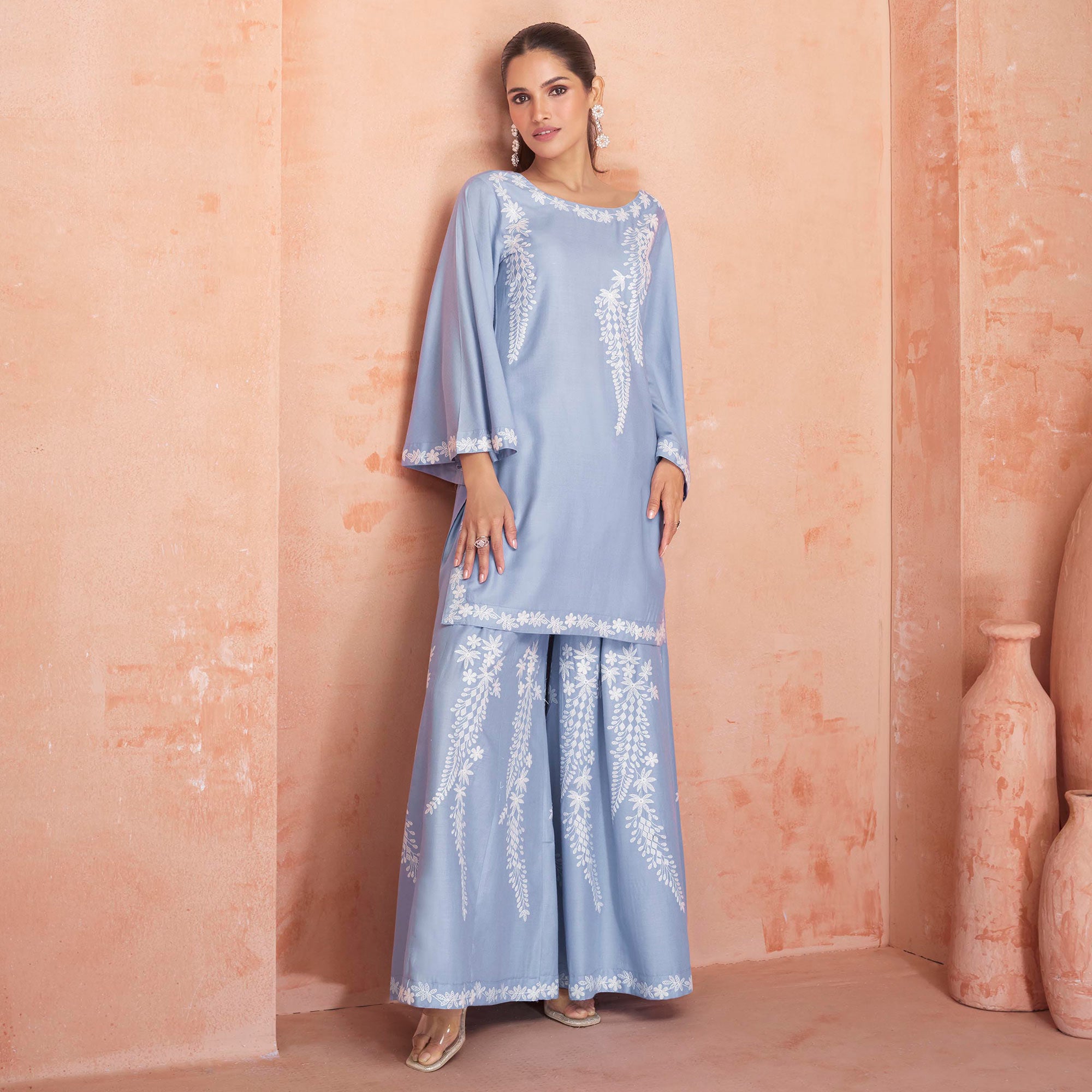 Blue Floral Embroidered Rayon Kurti Palazzo Suit