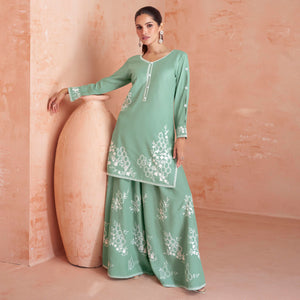 Green Floral Embroidered Rayon Kurti Palazzo Suit
