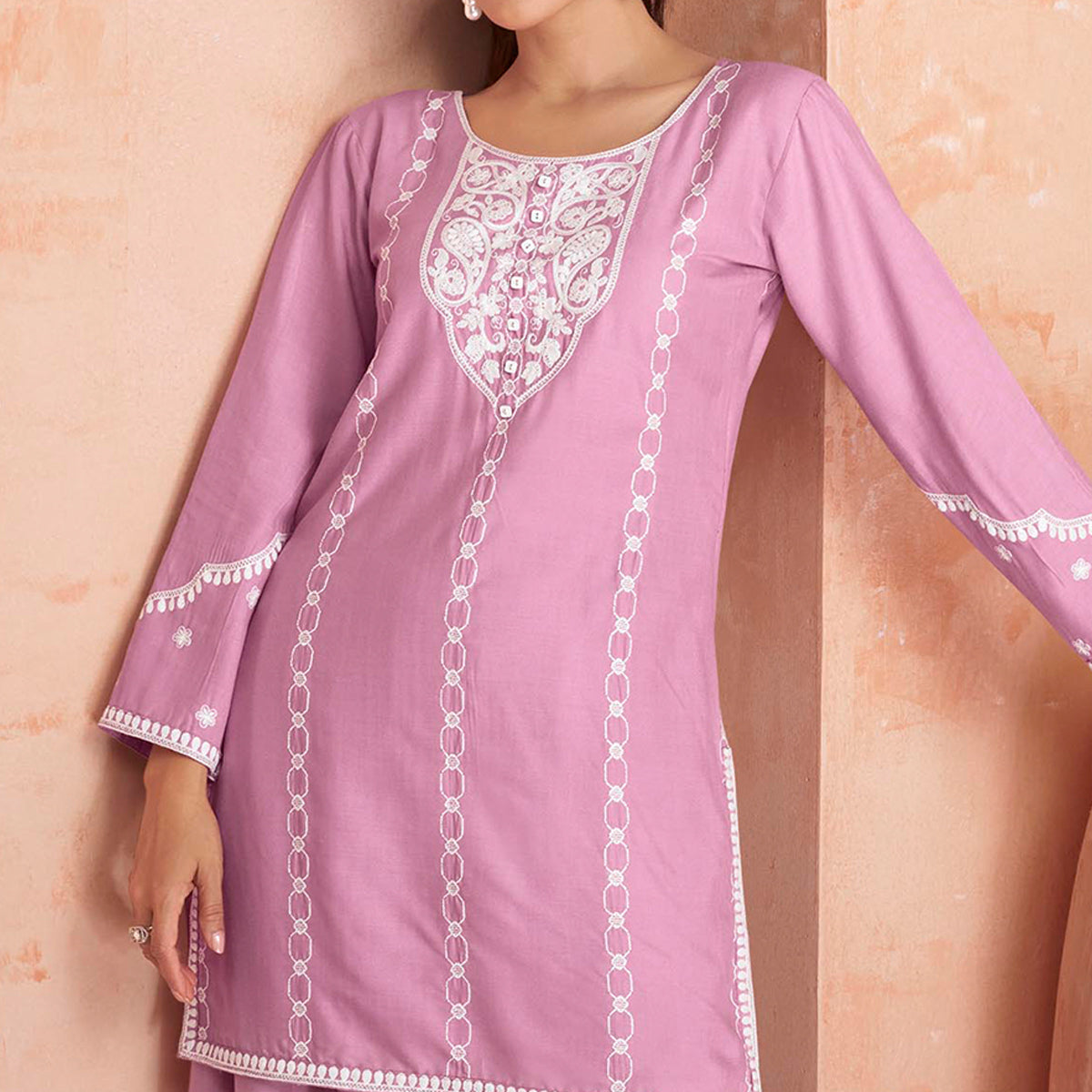 Pink Floral Embroidered Rayon Kurti Palazzo Suit