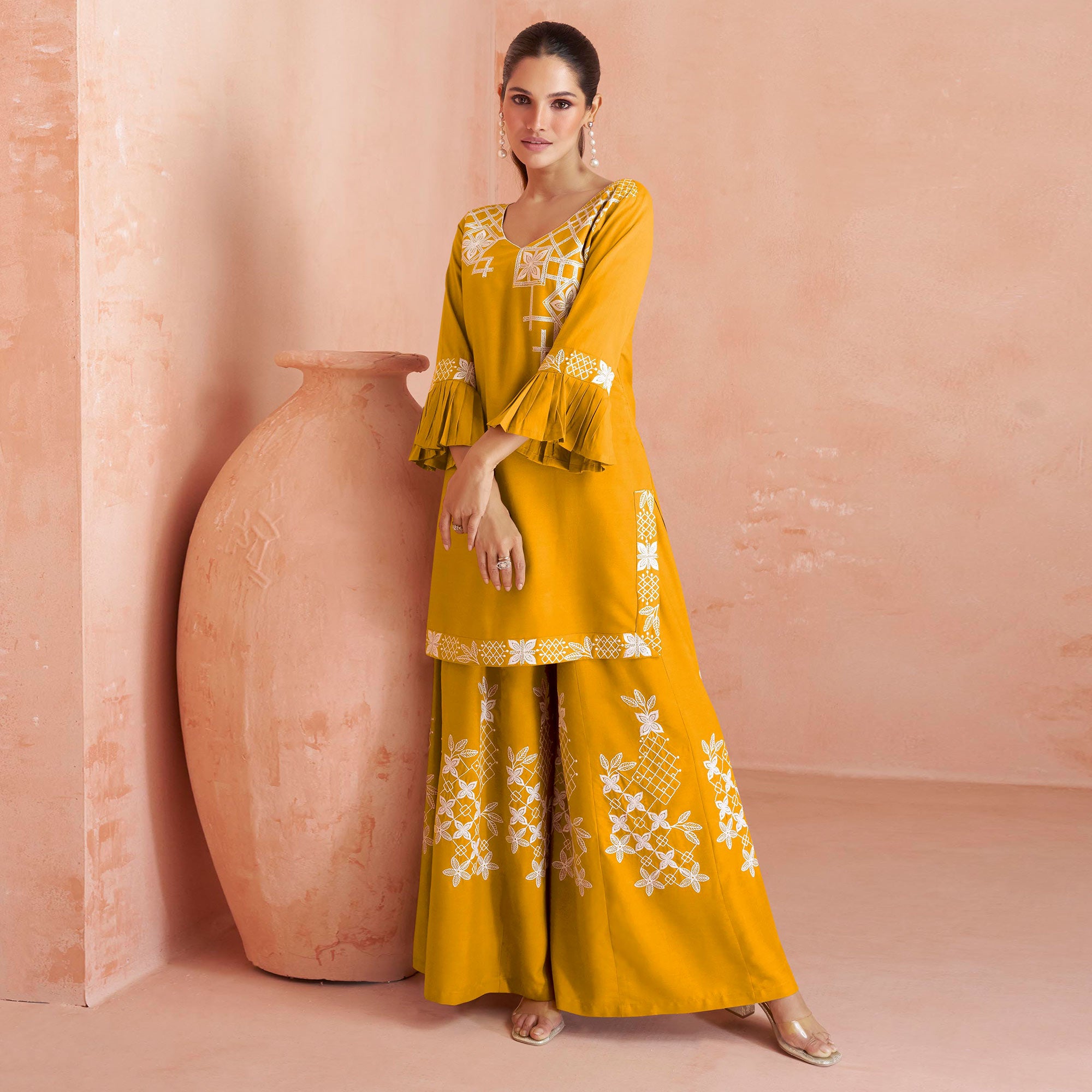 Mustard Floral Embroidered Rayon Kurti Palazzo Suit