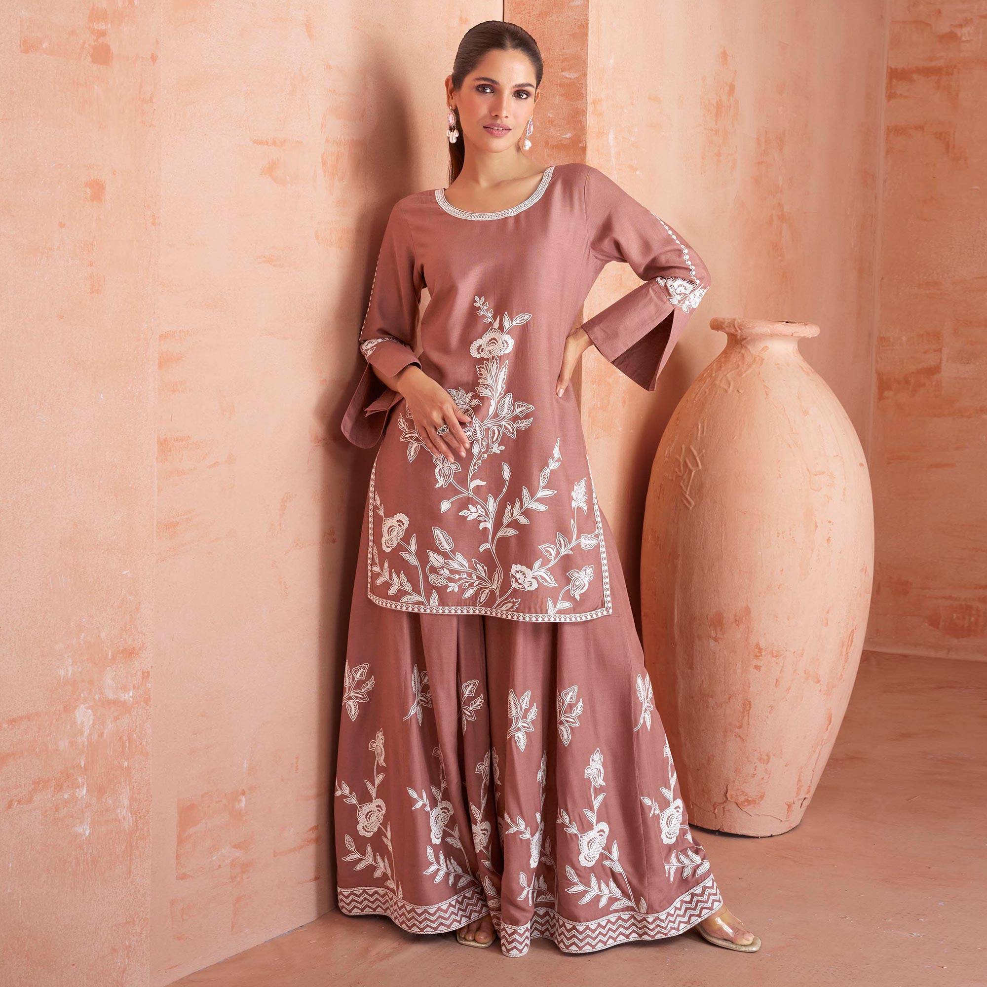 Copper Rust Floral Embroidered Rayon Kurti Palazzo Suit