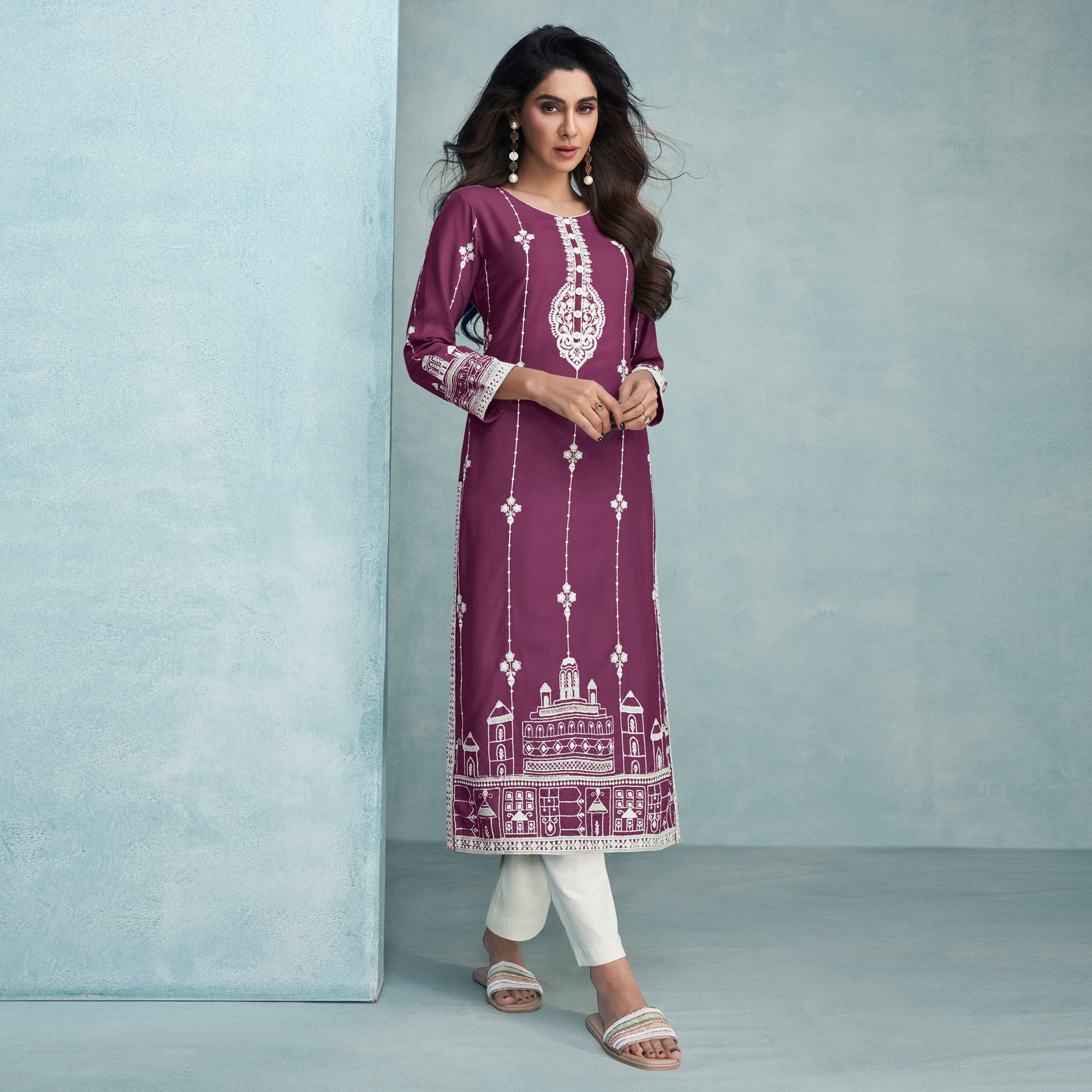 Wine Lucknowi Embroidered Rayon Kurti