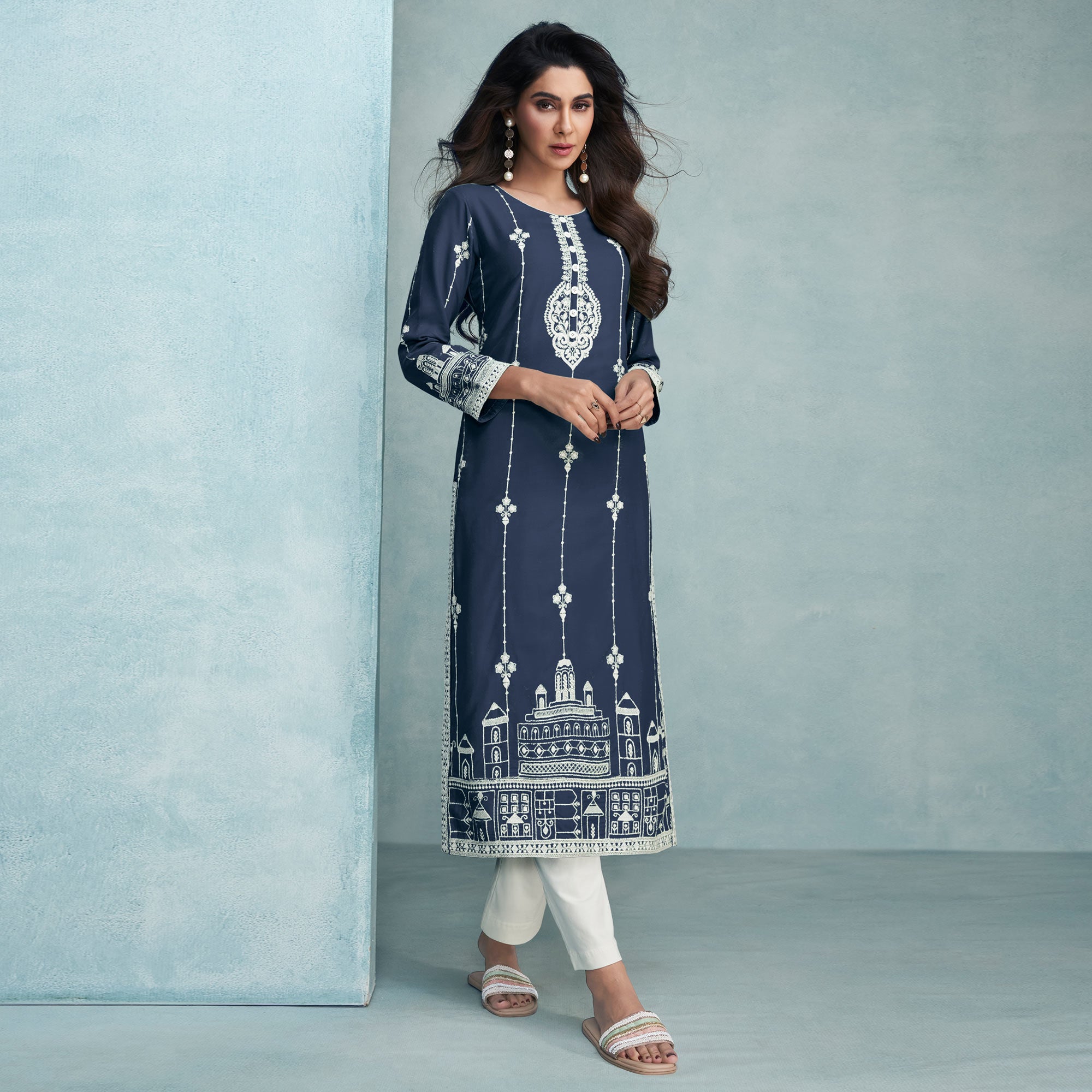 Blue Lucknowi Embroidered Rayon Kurti