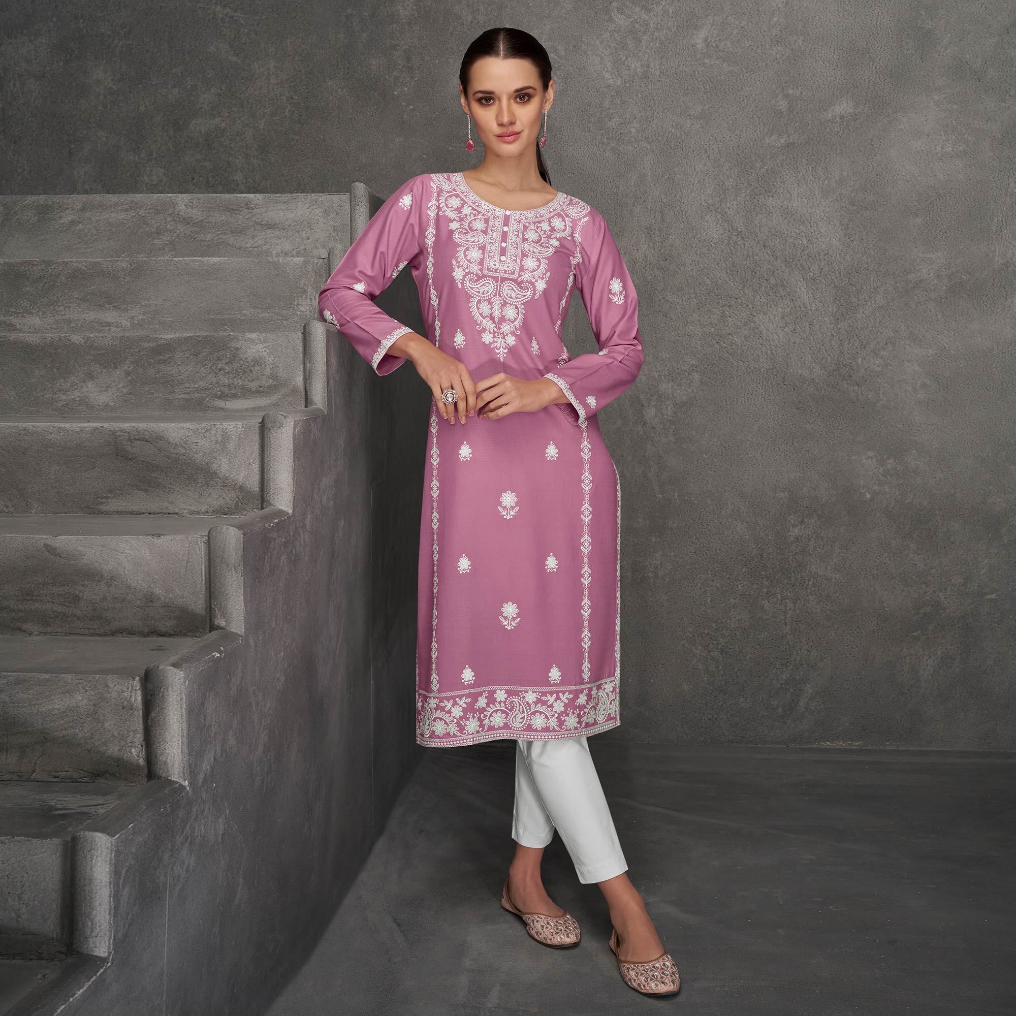 Pink Floral Embroidered Rayon Straight Kurti