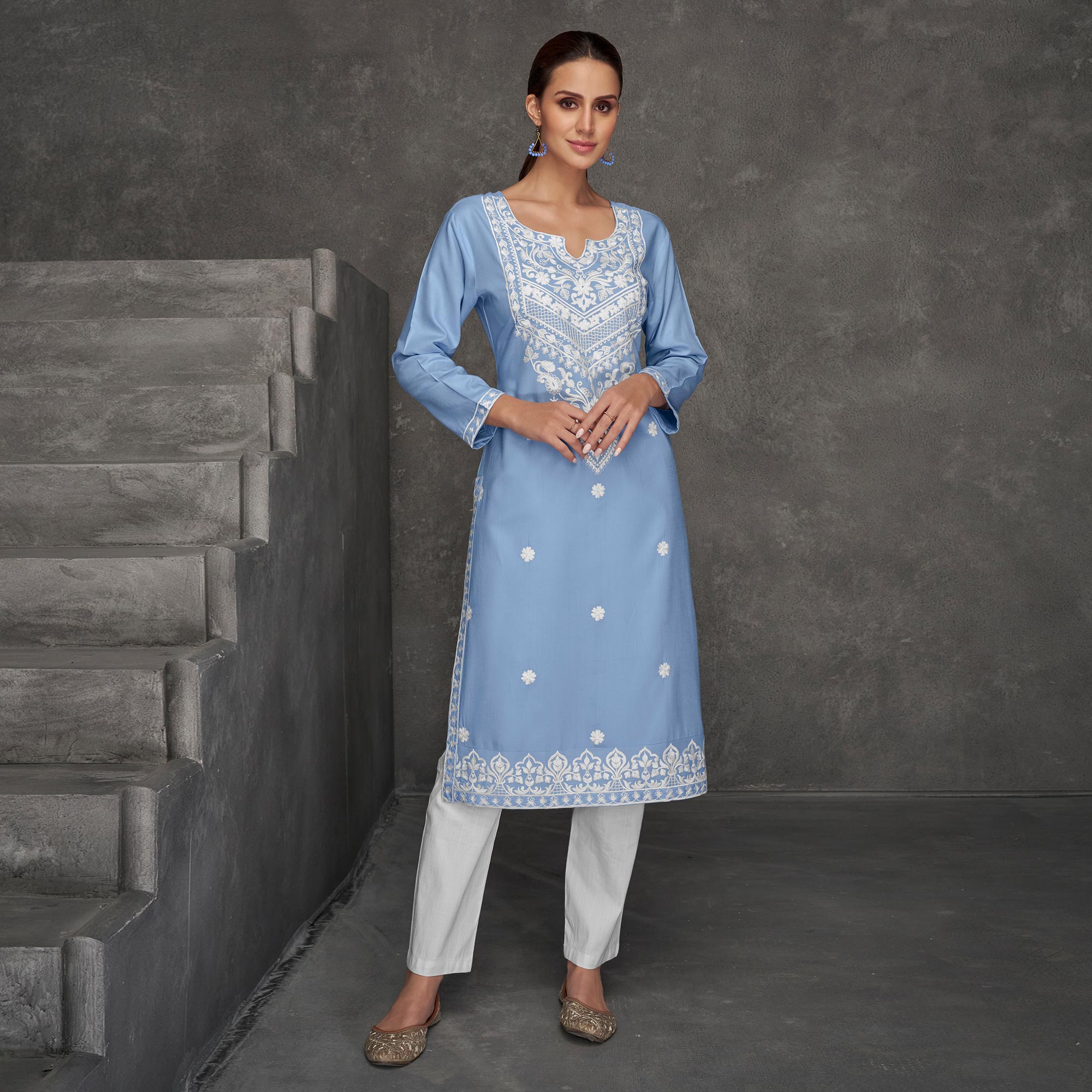 Sky Blue Floral Embroidered Rayon Straight Kurti