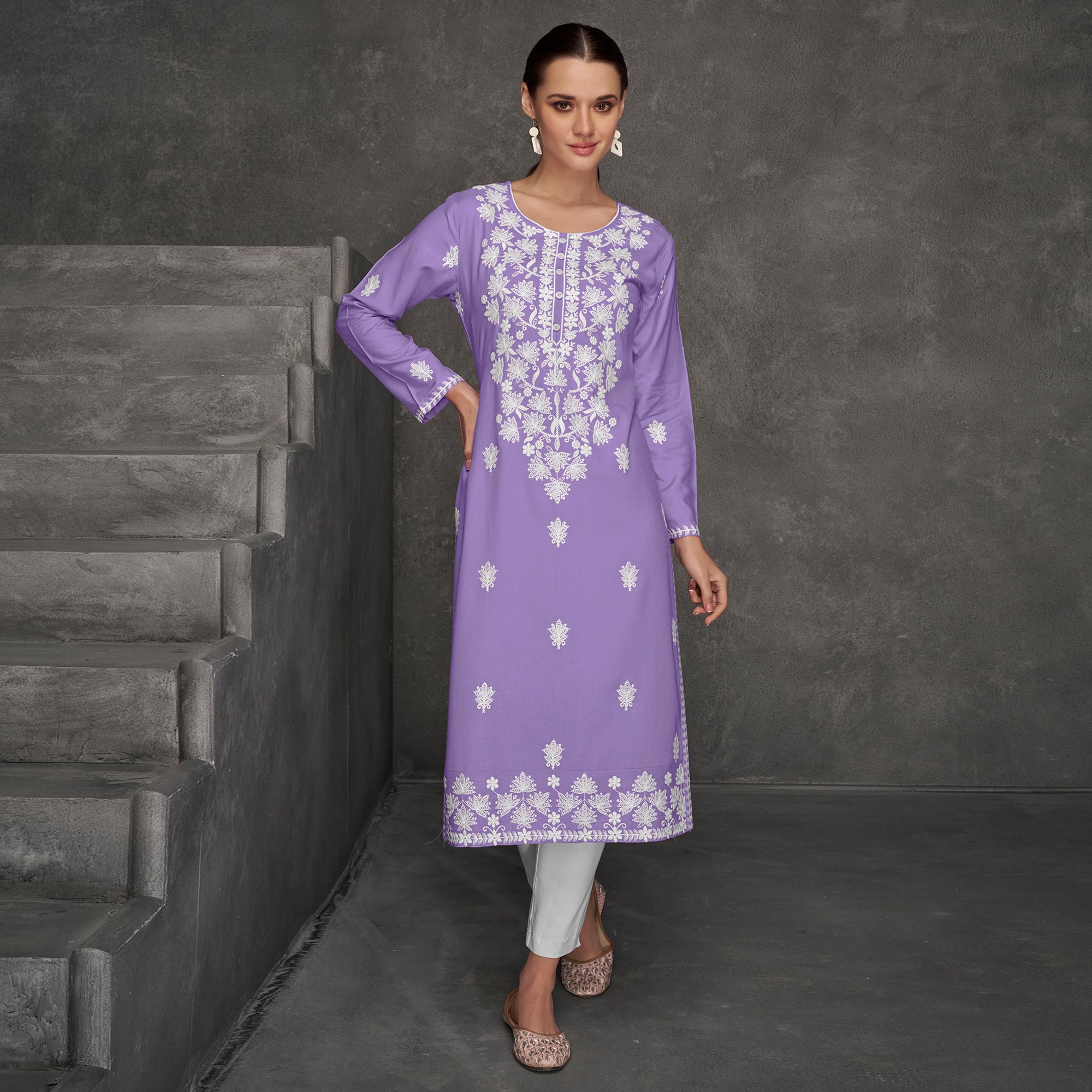 Lavender Floral Embroidered Rayon Straight Kurti