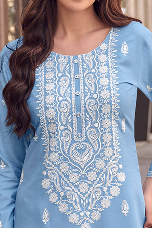 Festive Wear Sky Blue Kurti in Rayon with Lucknowi Detailing
