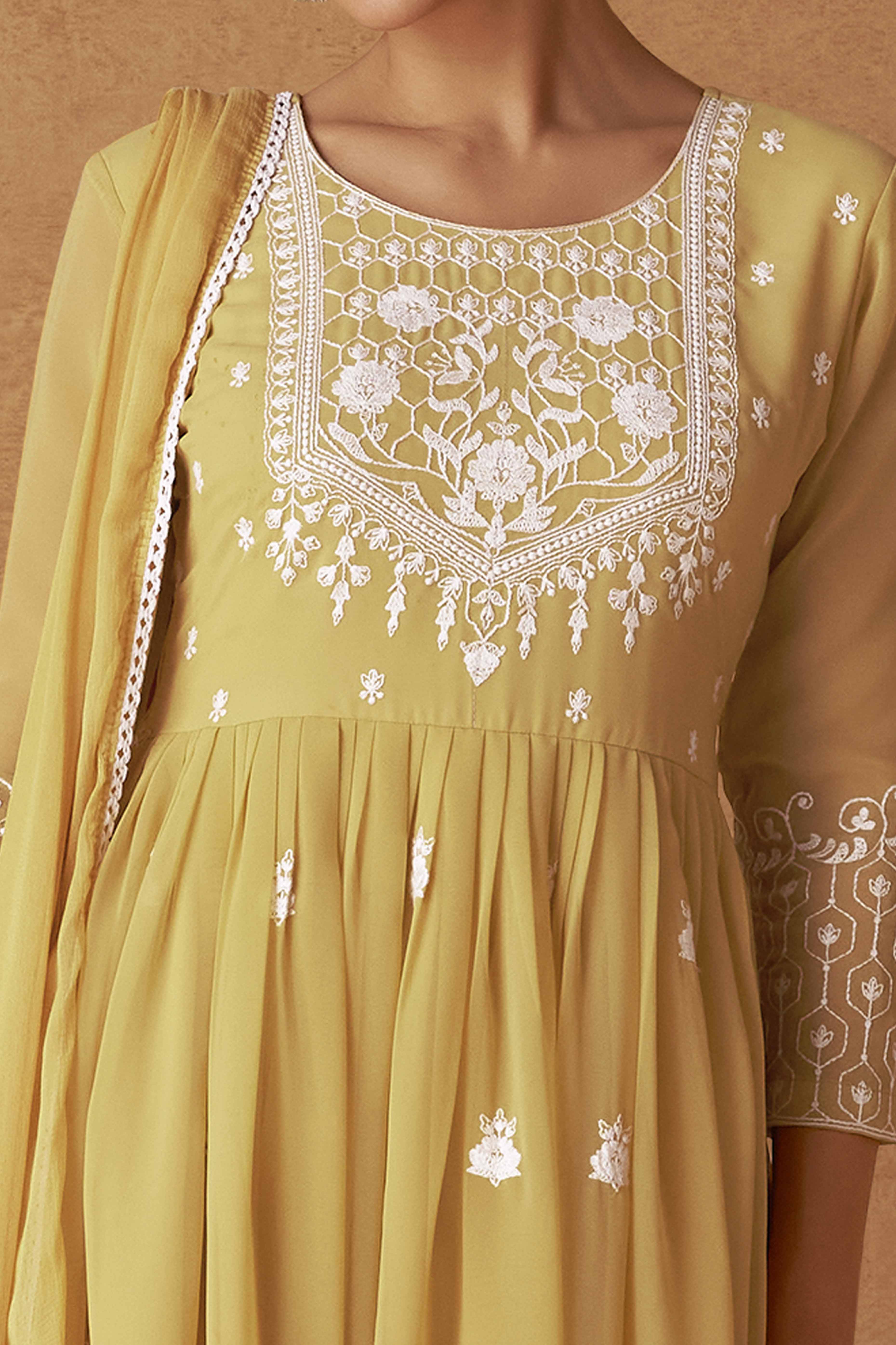 Mustard Rayon Palazzo Suit with Intricate Lucknowi Work