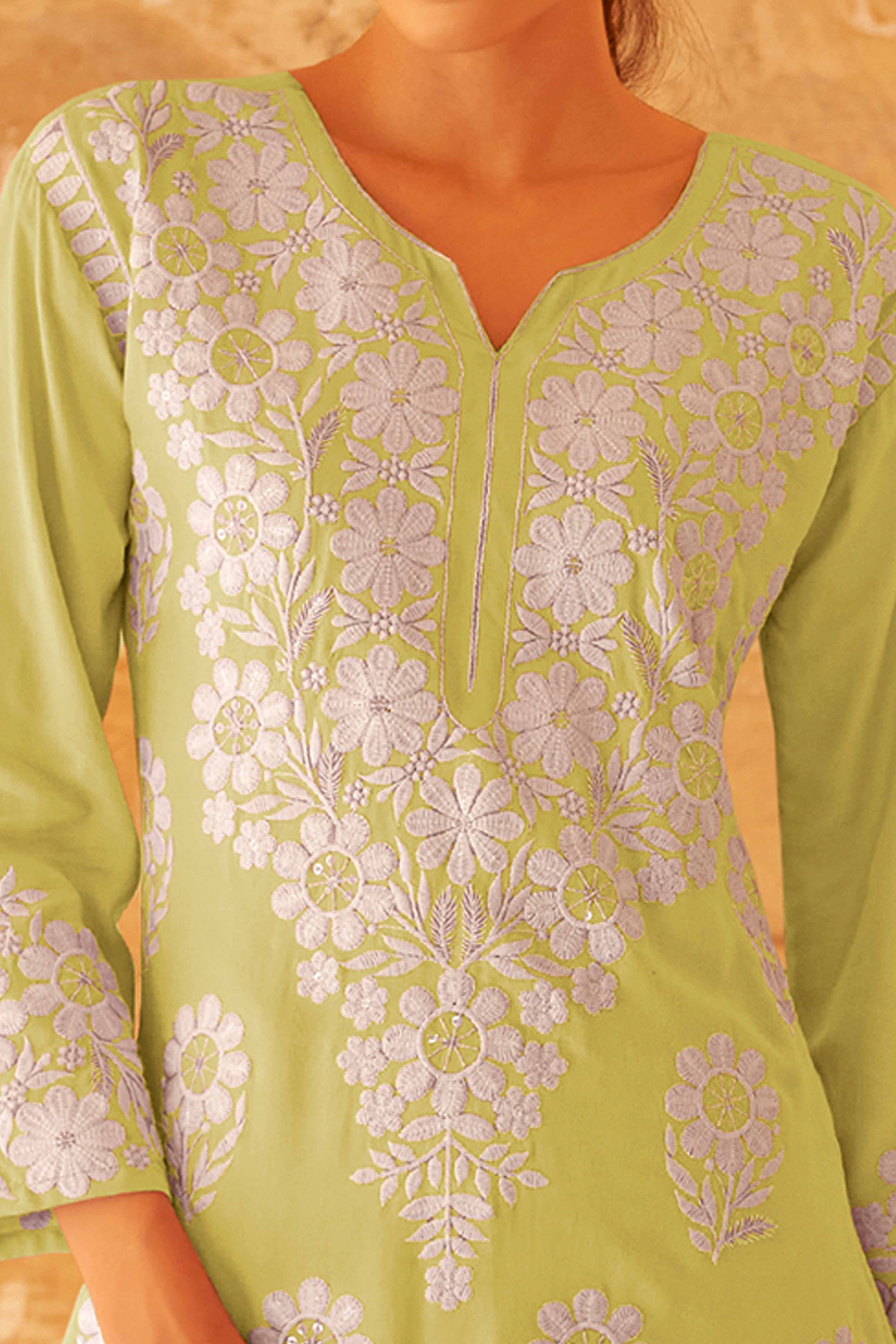 Floral Embroidered Lime Green Rayon Co-Ord Set for Casual Wear