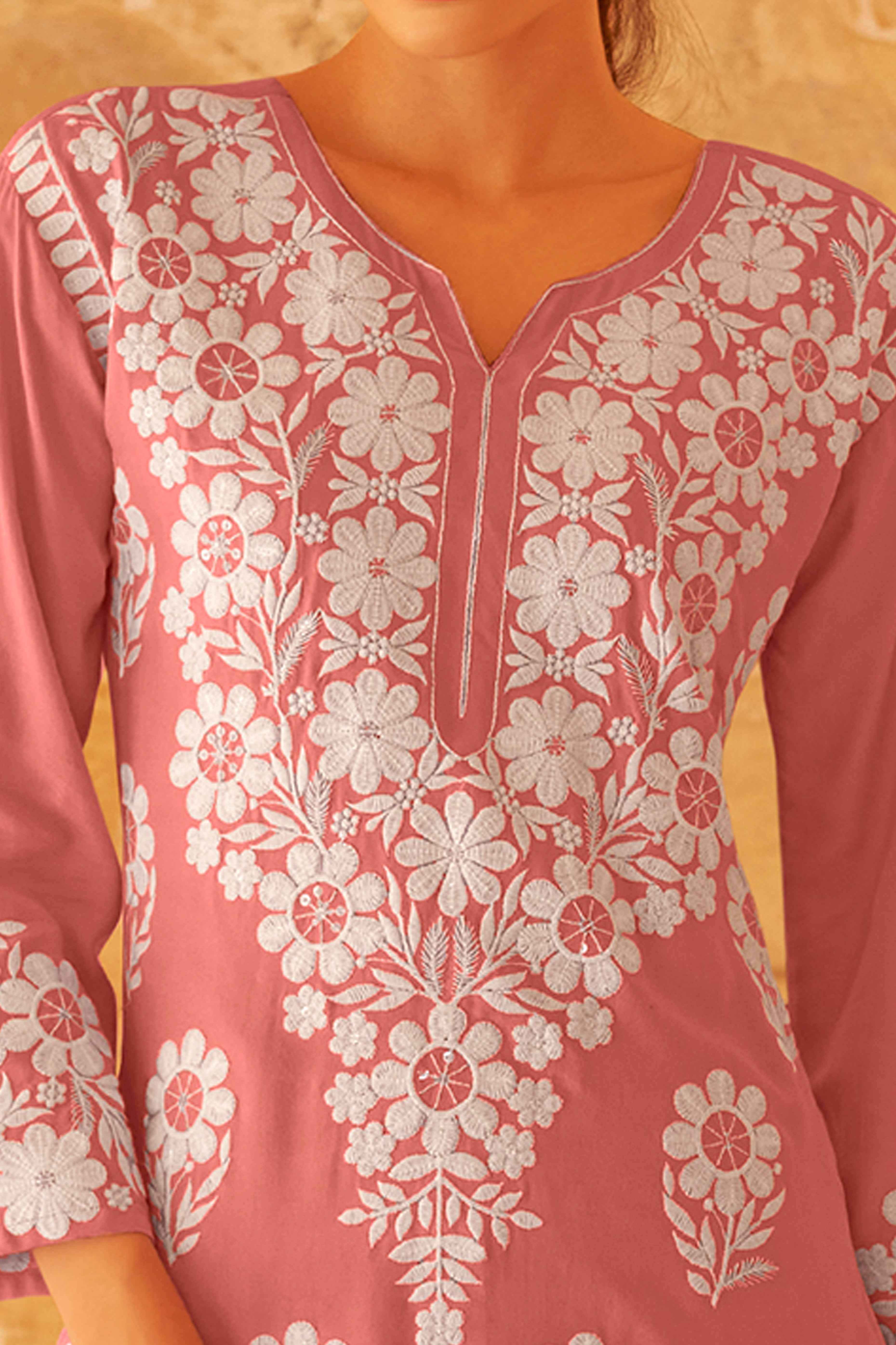 Floral Embroidered Rose Pink Rayon Co-Ord Set for Casual Wear