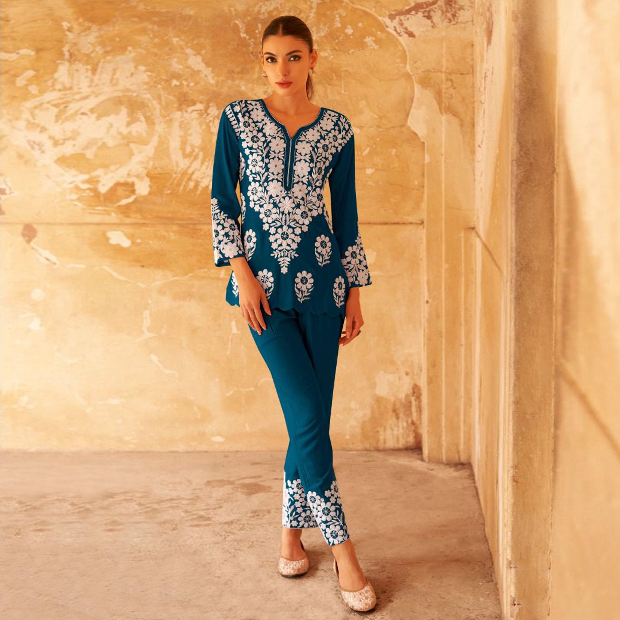 Teal Blue Floral Embroidered Rayon Co Ord Set