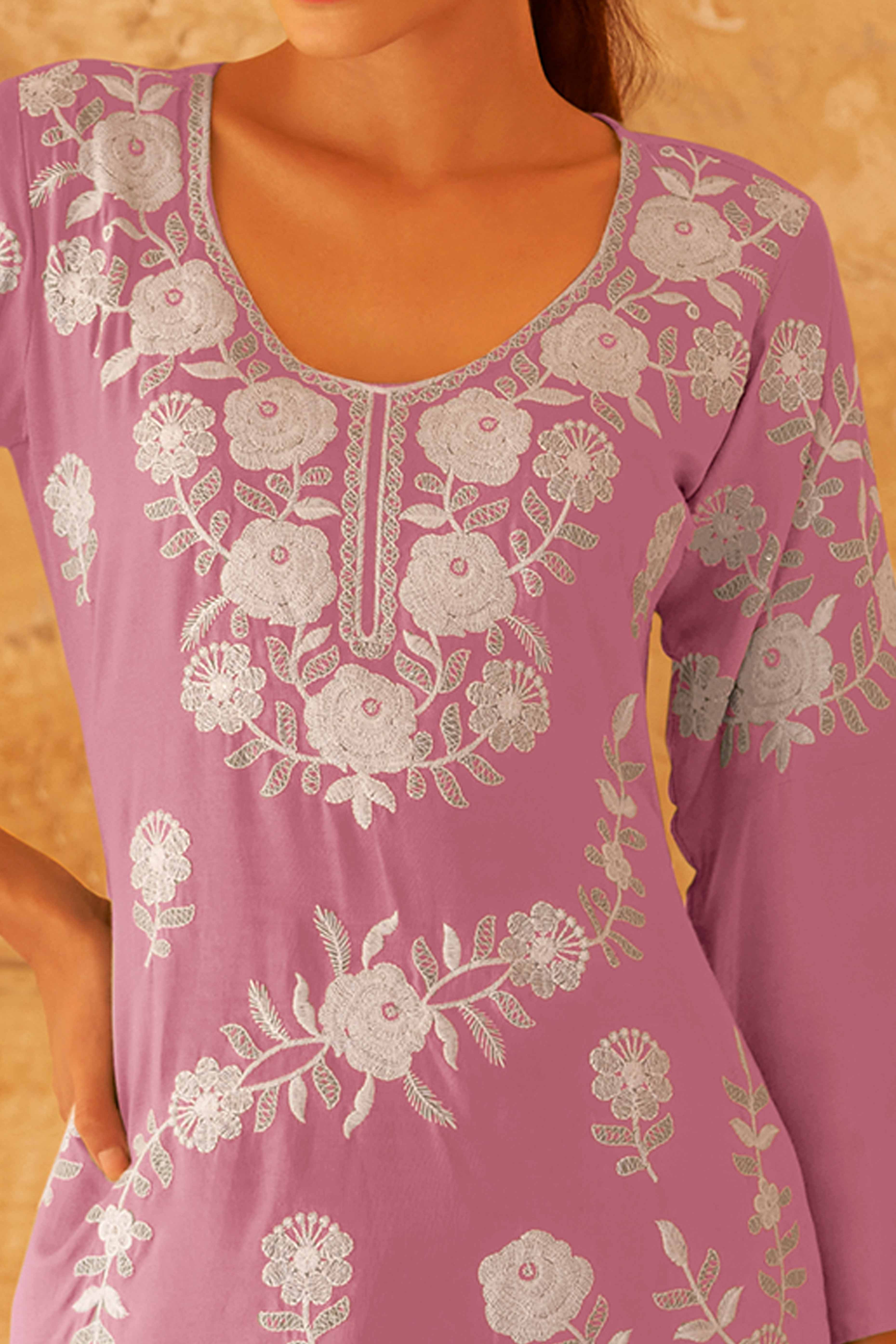Pink Rayon Co-Ord Set with Elegant Floral Embroidery