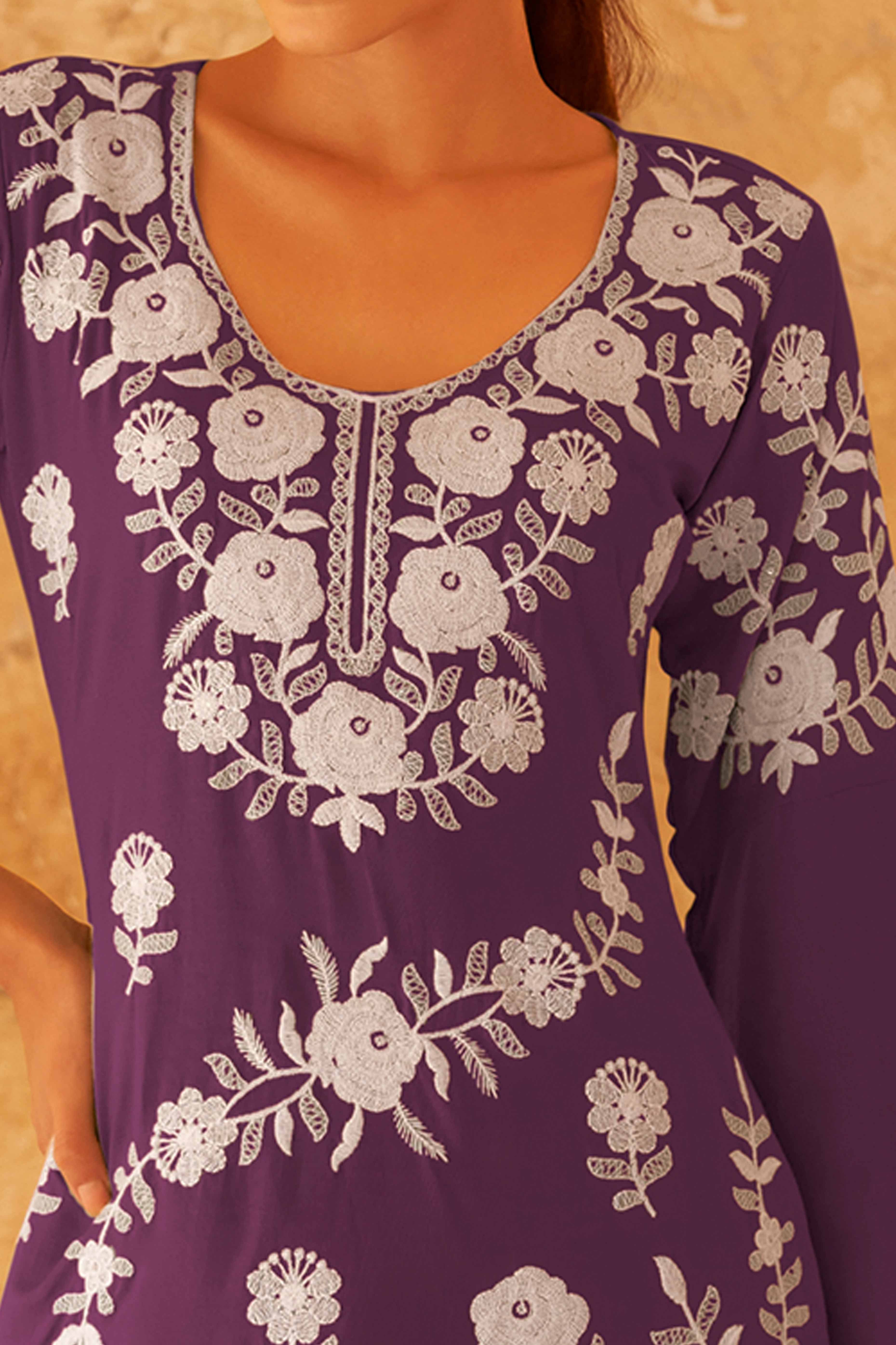 Deep Purple Co-Ord Set in Rayon with Delicate Floral Embroidery