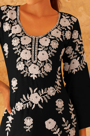 Black Co-Ord Set in Rayon with Delicate Floral Embroidery