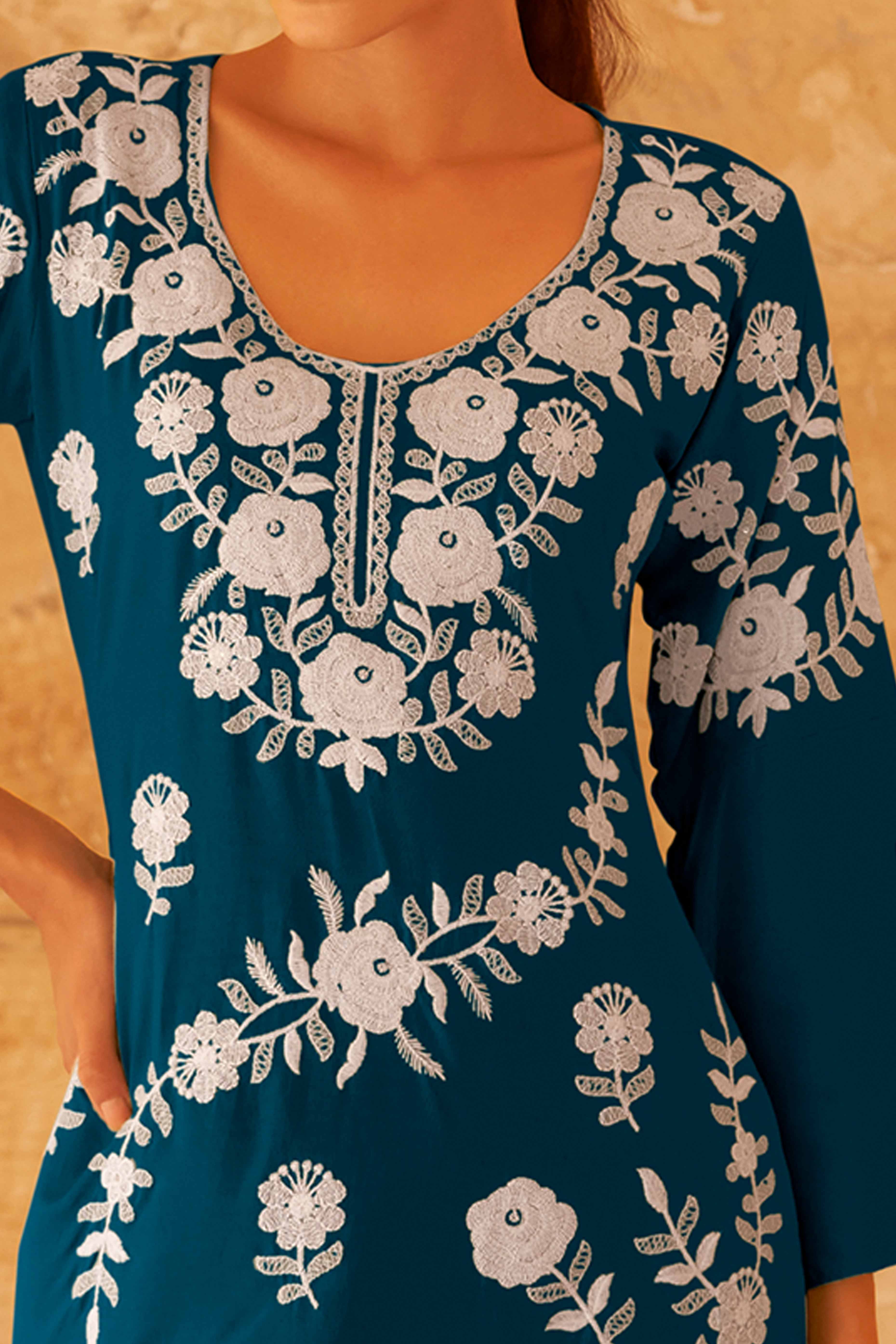 Teal Co-Ord Set in Rayon with Delicate Floral Embroidery