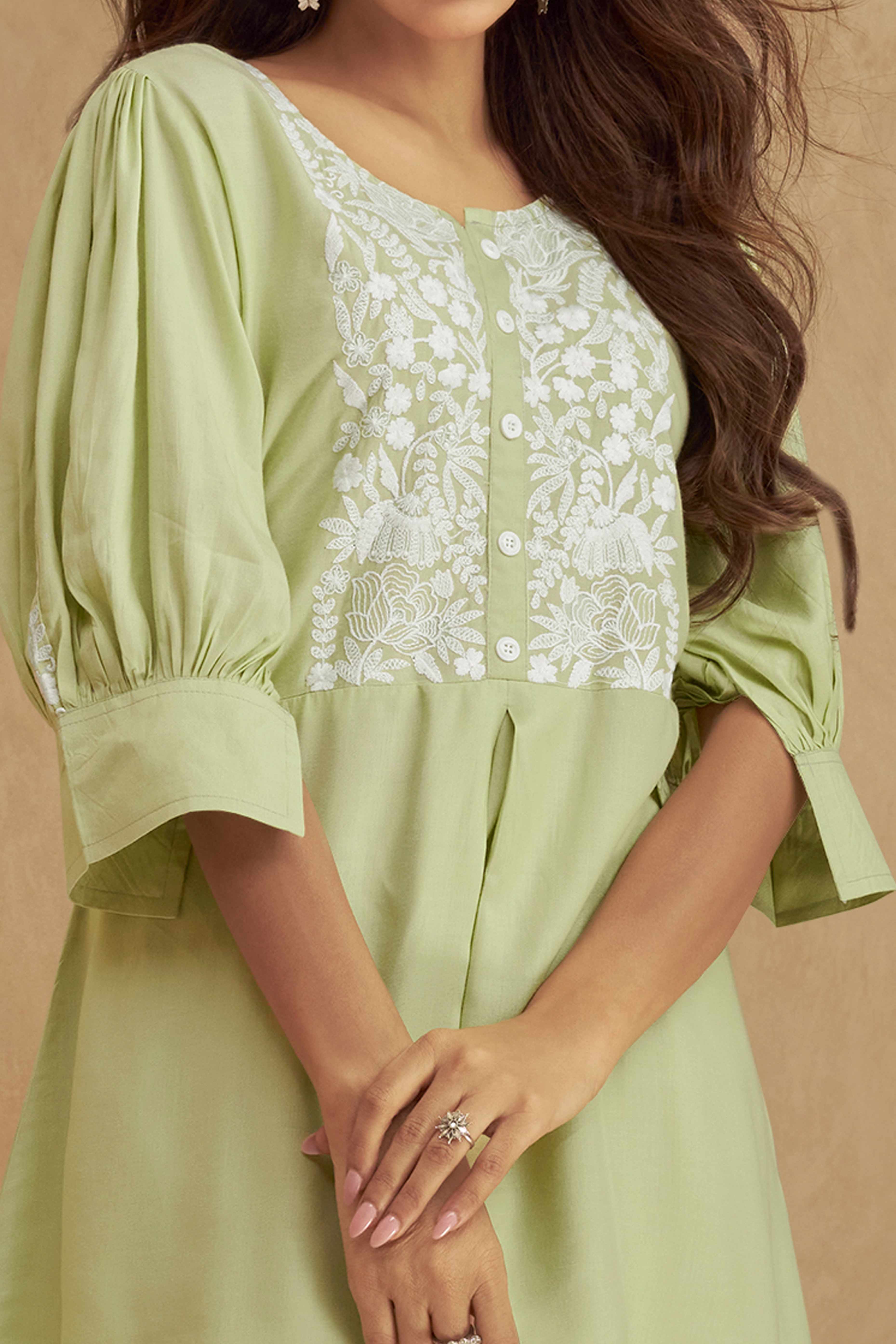 Floral Embroidered Light Green Rayon Co-Ord Set for Effortless Style