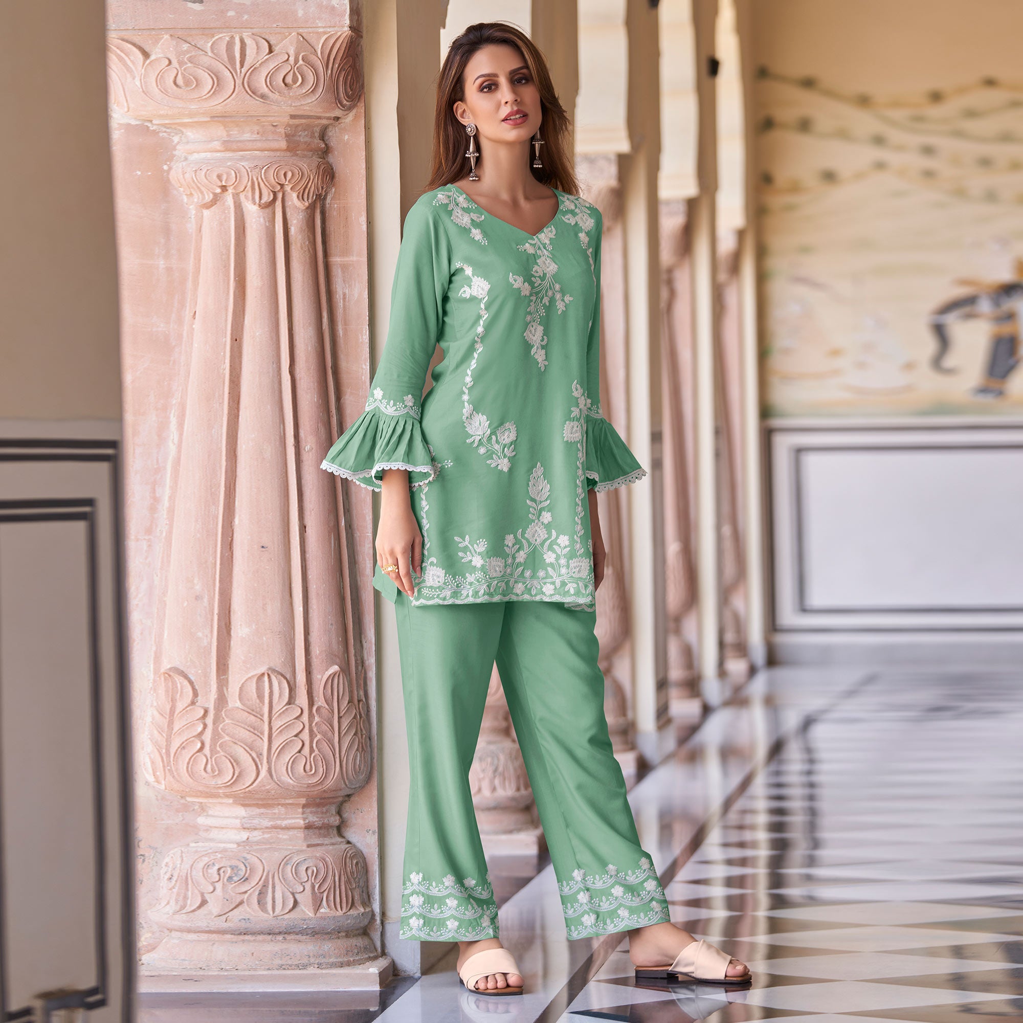 Green Floral Embroidered Rayon Co Ord Set